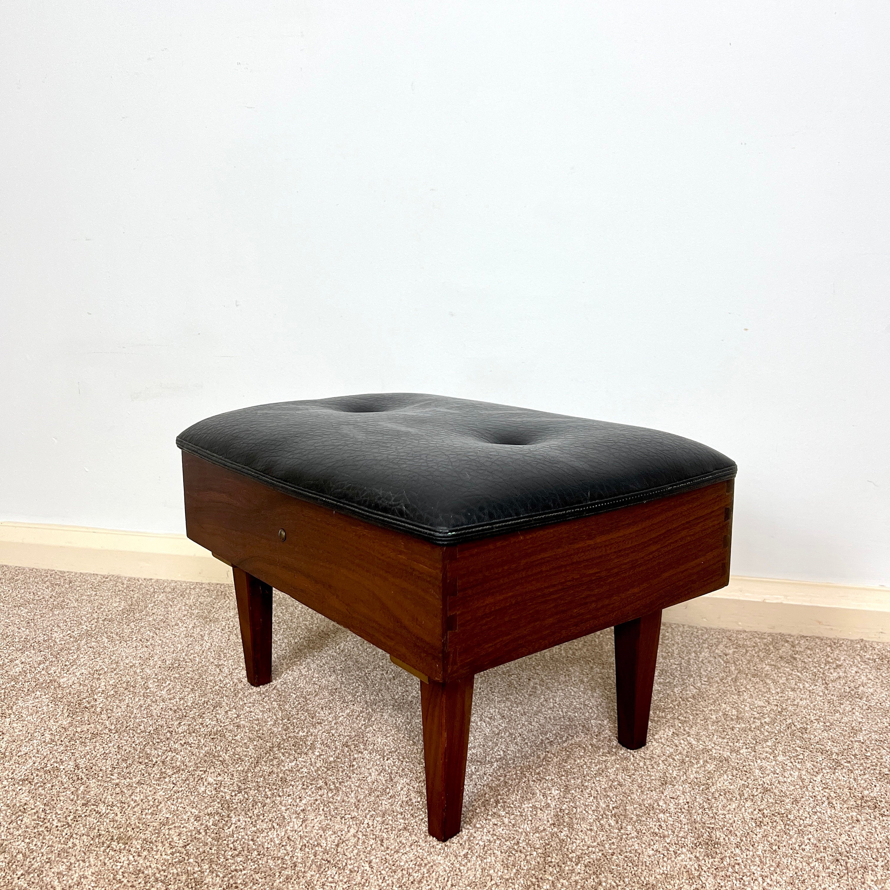 Vintage Black Faux  Leather Footstool / Sewing Box 1960s
