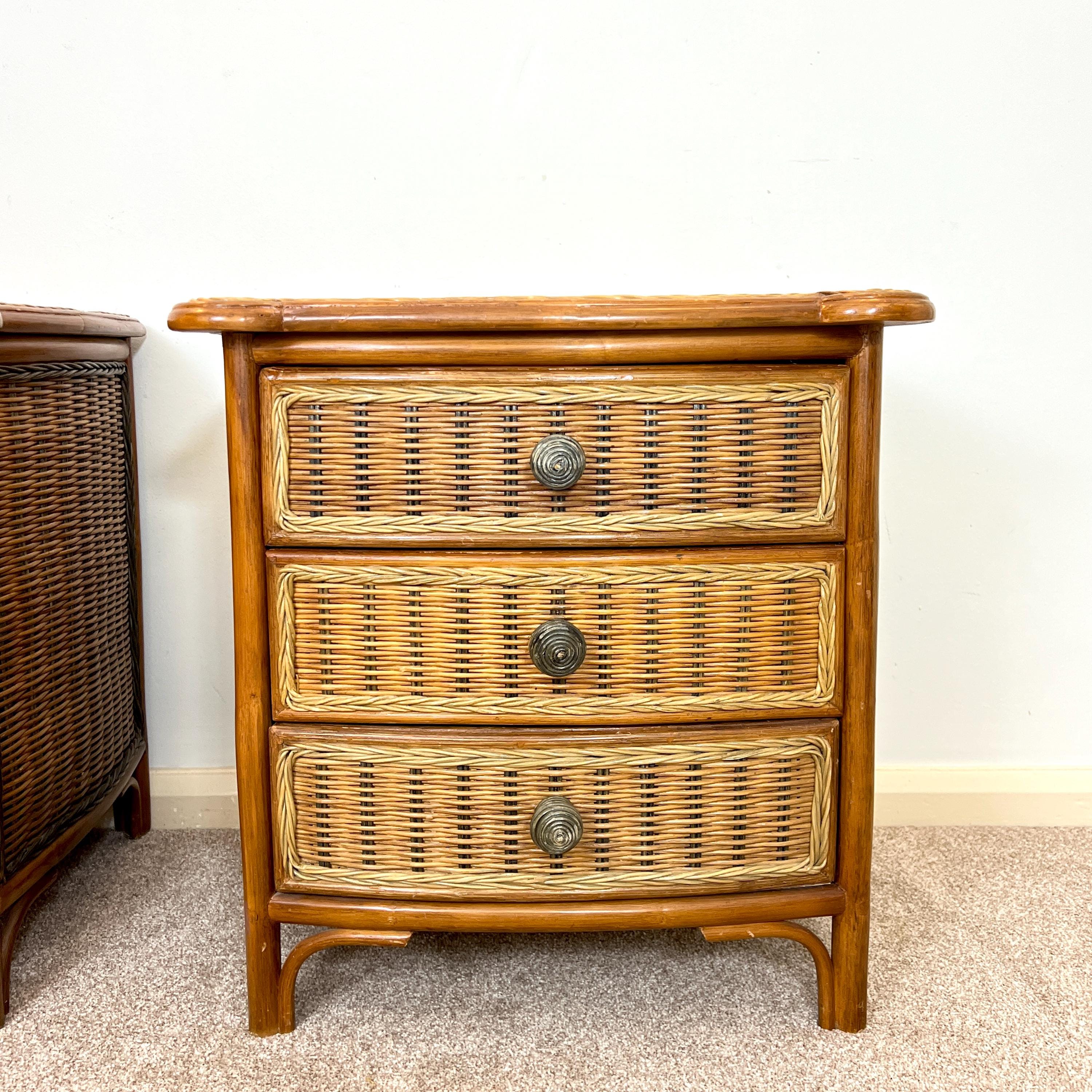 A Pair of Vintage Bamboo Rattan Bedside drawers, Boho Bedside tables