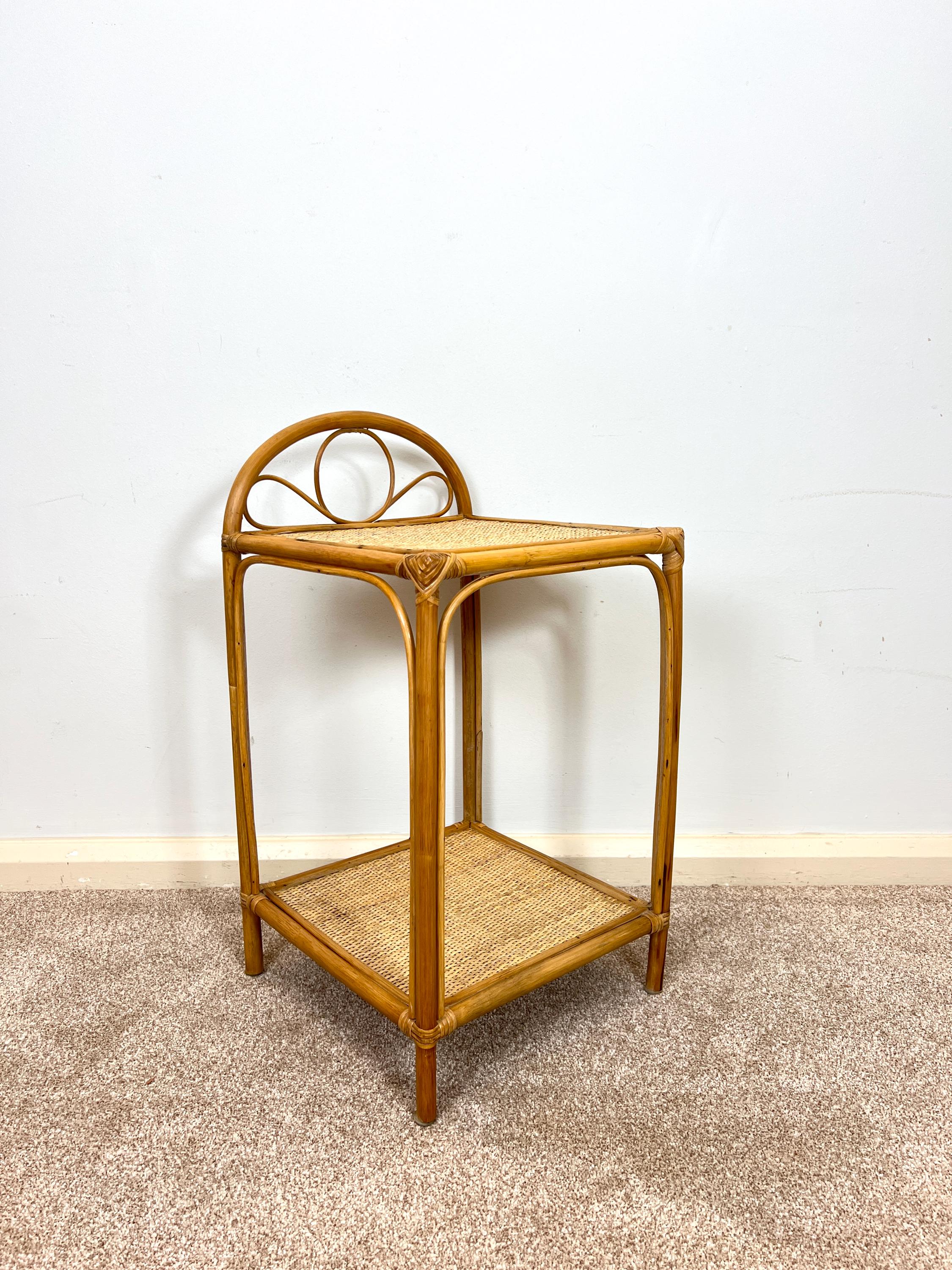 Vintage Rattan Bamboo Bedside Table, Boho Retro