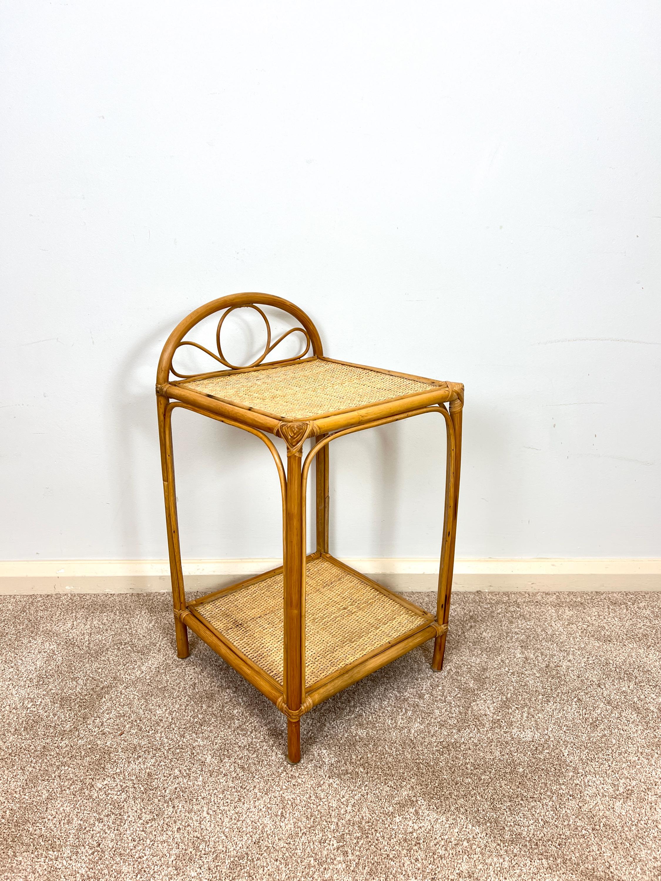 Vintage Rattan Bamboo Bedside Table, Boho Retro