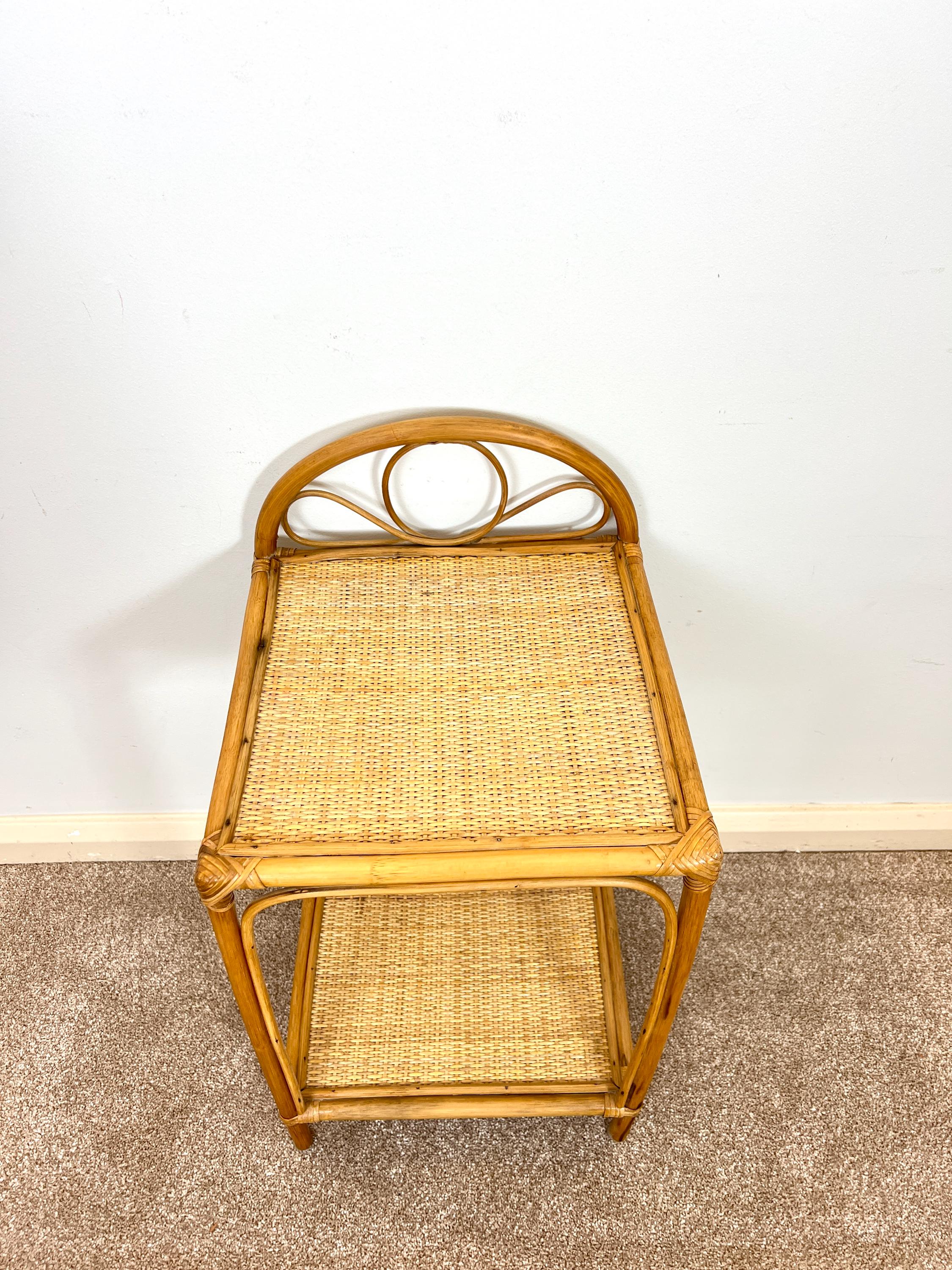 Vintage Rattan Bamboo Bedside Table, Boho Retro