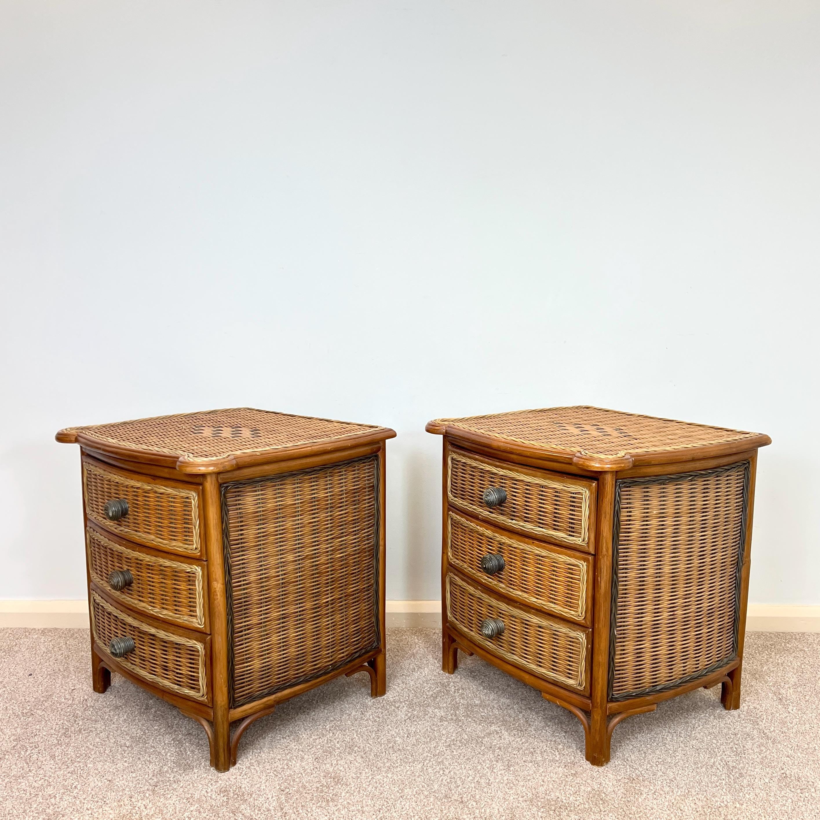 A Pair of Vintage Bamboo Rattan Bedside drawers, Boho Bedside tables