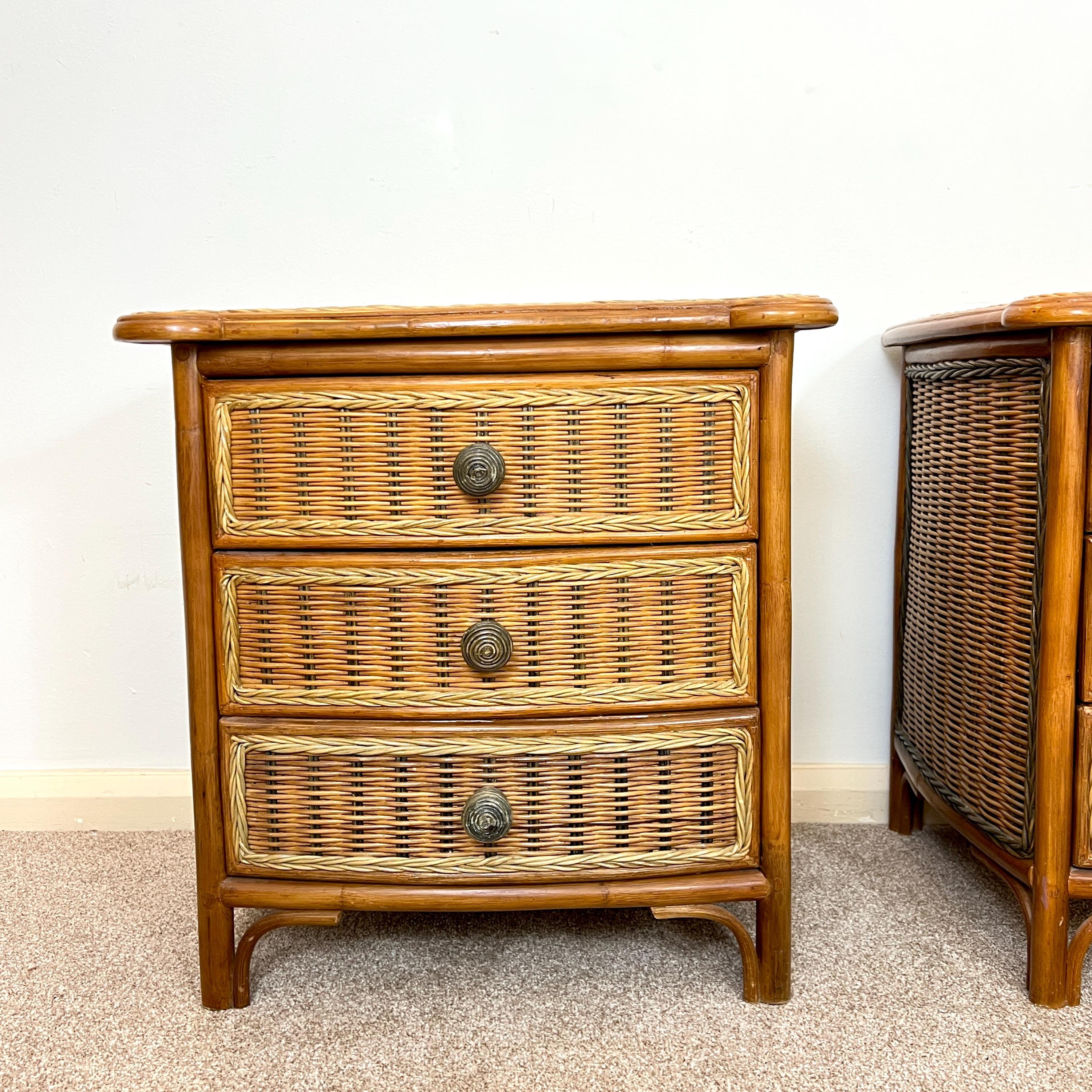 A Pair of Vintage Bamboo Rattan Bedside drawers, Boho Bedside tables