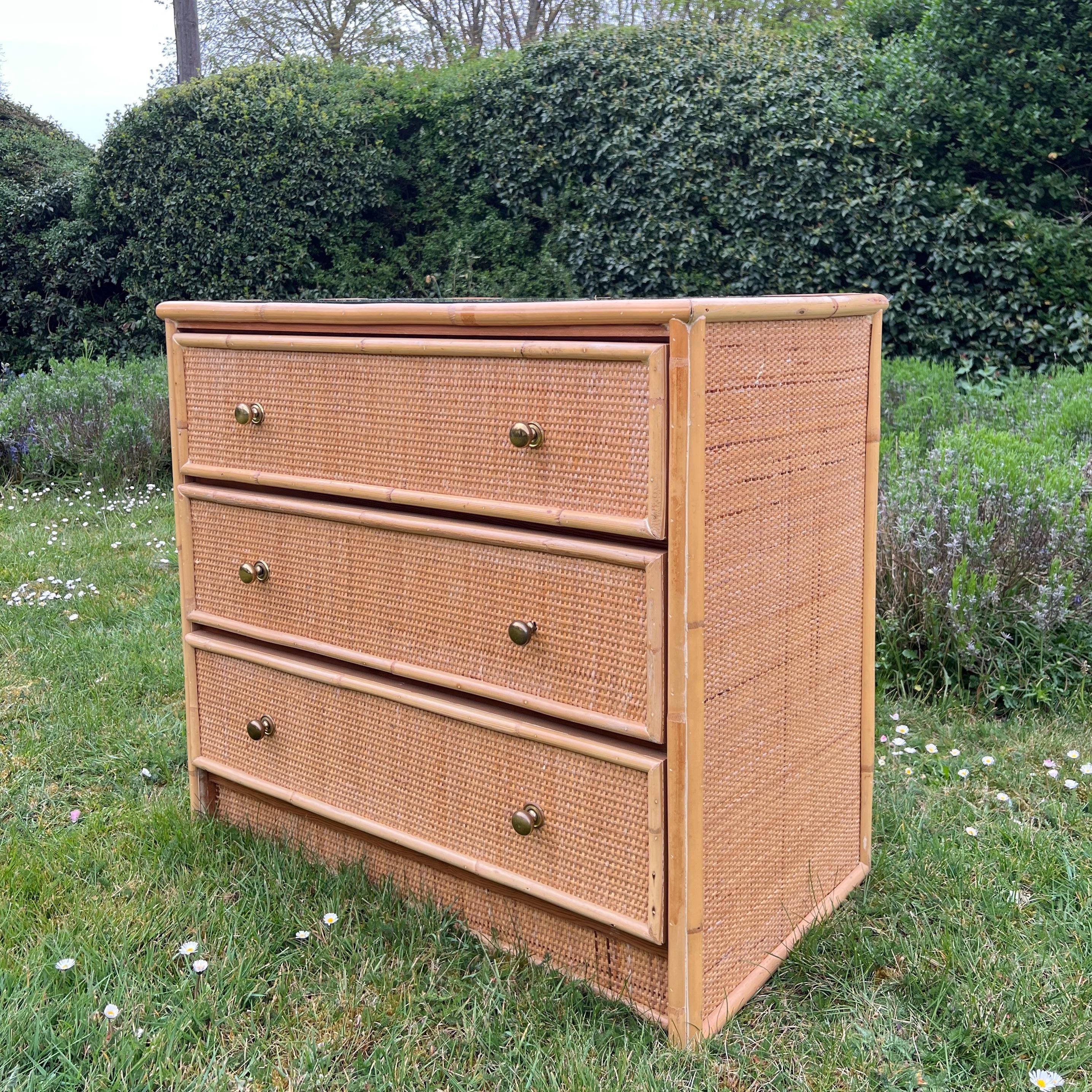 Vintage Bamboo Rattan Wicker Chest of Drawers, Dresser,  Bohemian Retro