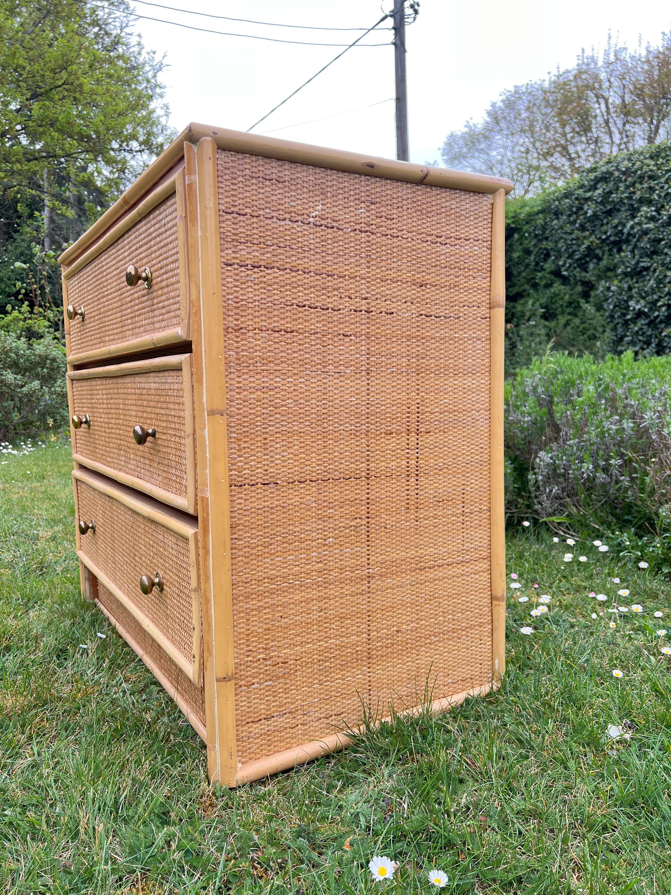 Vintage Bamboo Rattan Wicker Chest of Drawers, Dresser,  Bohemian Retro