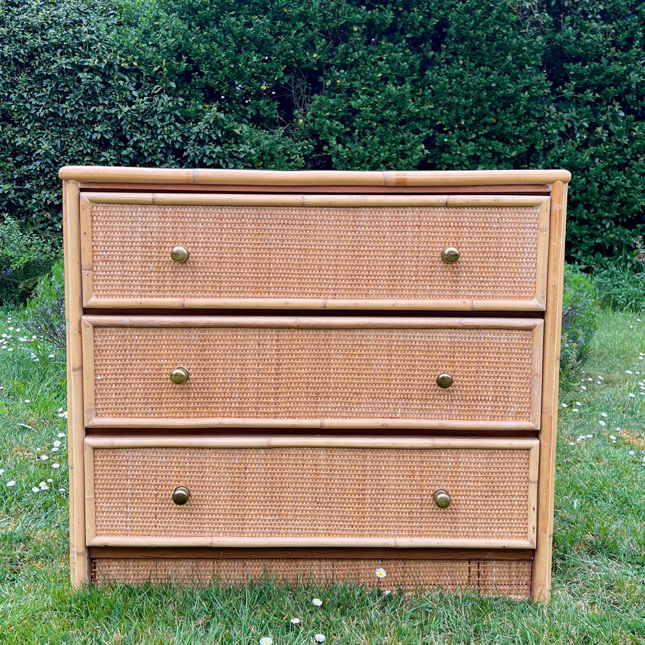 Vintage Bamboo Rattan Wicker Chest of Drawers, Dresser,  Bohemian Retro