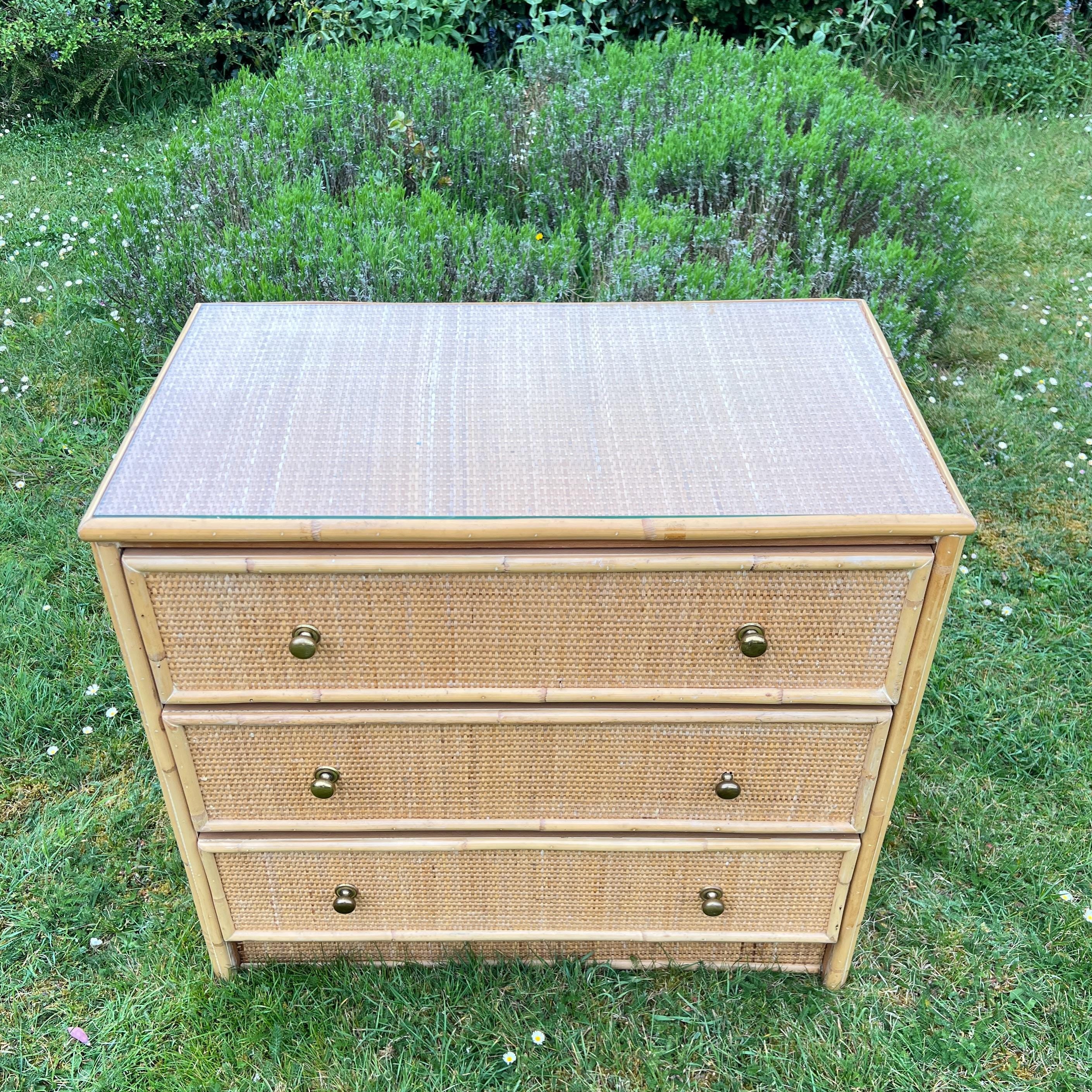 Vintage Bamboo Rattan Wicker Chest of Drawers, Dresser,  Bohemian Retro