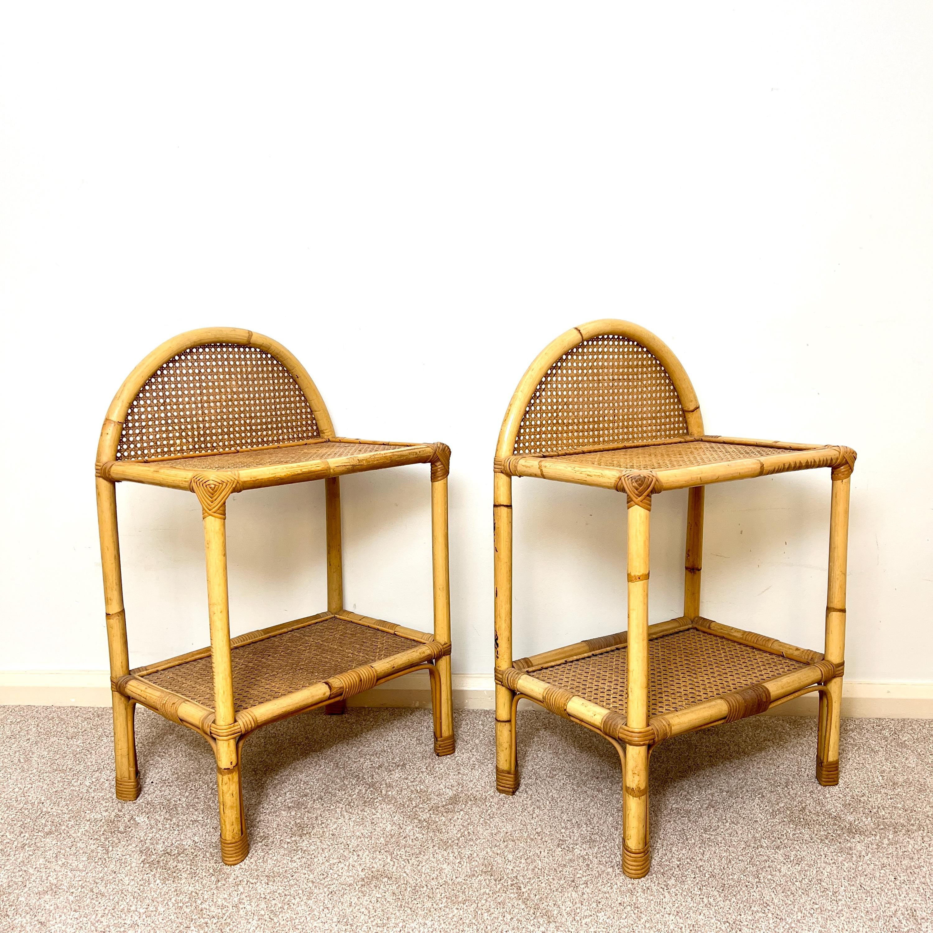 A Pair of Vintage Bamboo Rattan Bedside tables