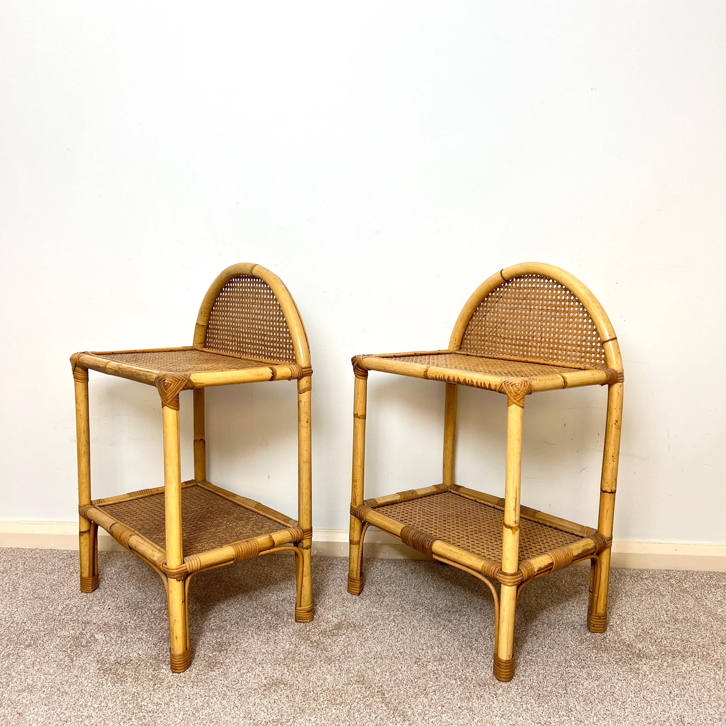 A Pair of Vintage Bamboo Rattan Bedside tables