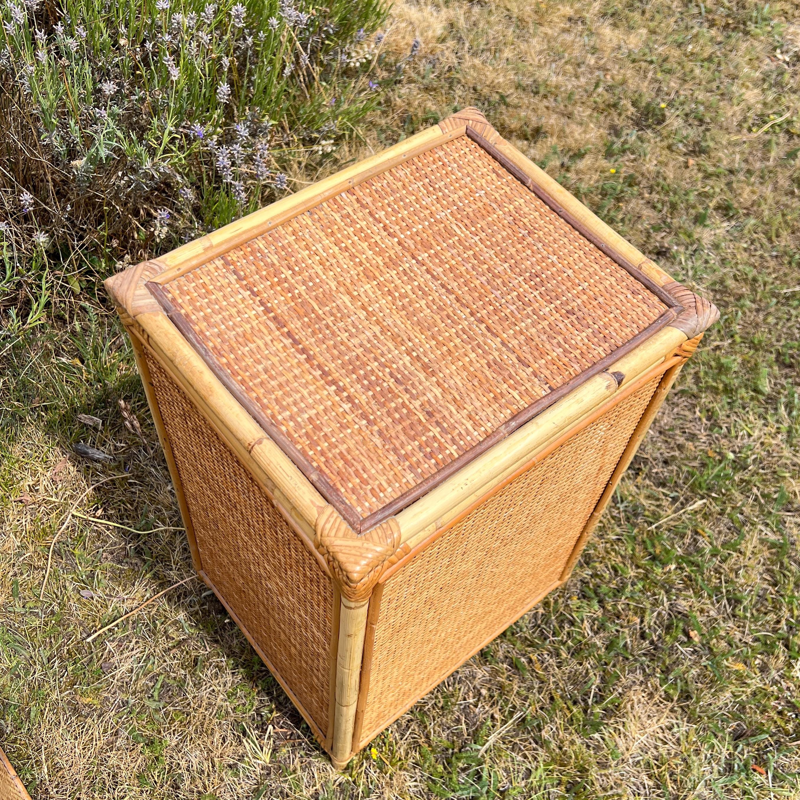 A Pair of Rattan Bamboo Cane Bedside Tables , Boho Tiki Side Table