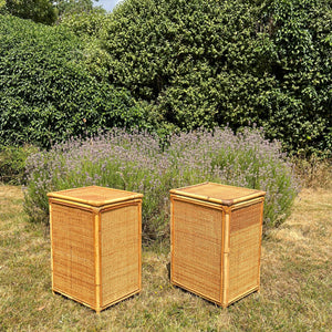 A Pair of Rattan Bamboo Cane Bedside Tables , Boho Tiki Side Table