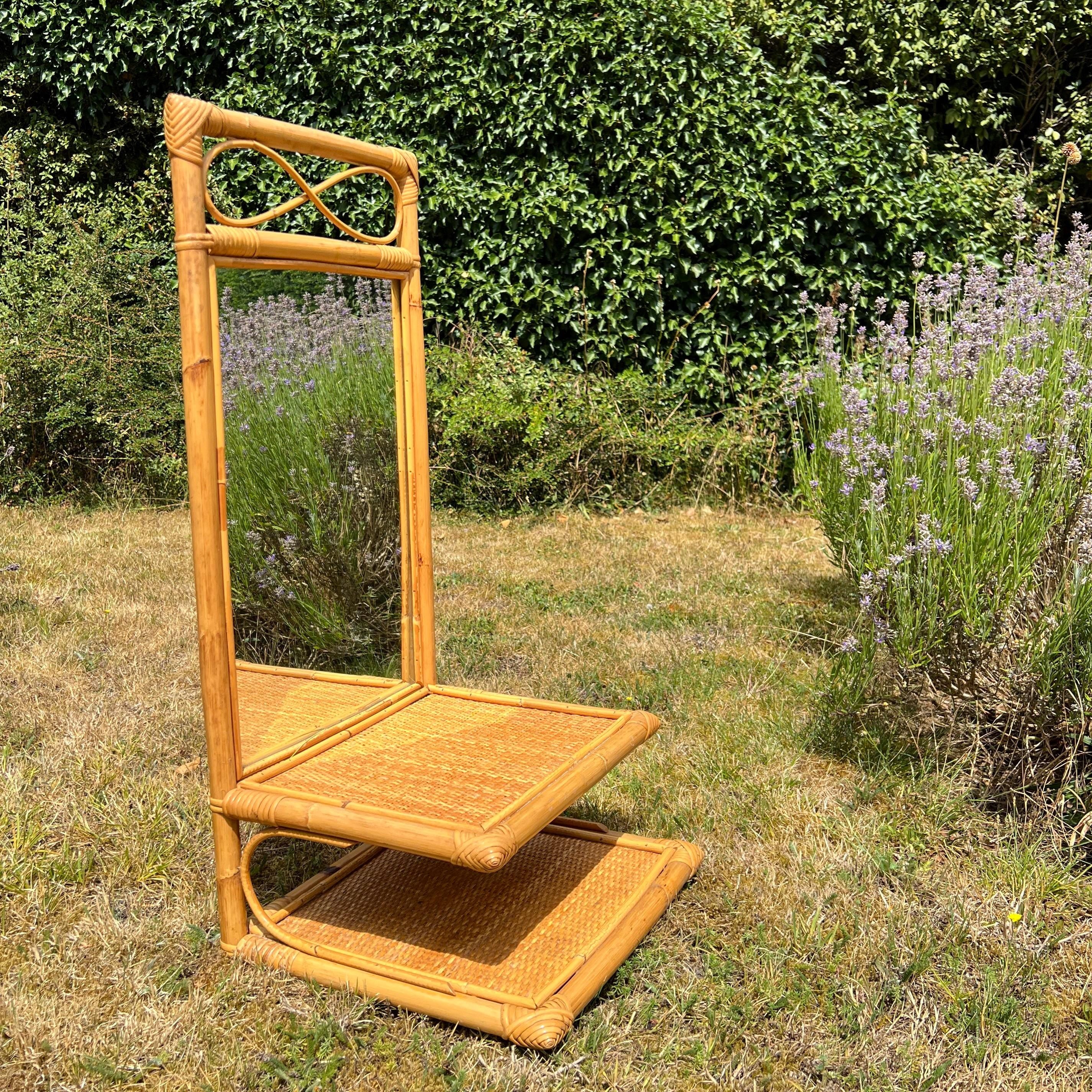 Mid Century Boho Bamboo Cane Tall Mirror with Shelf  74 cm