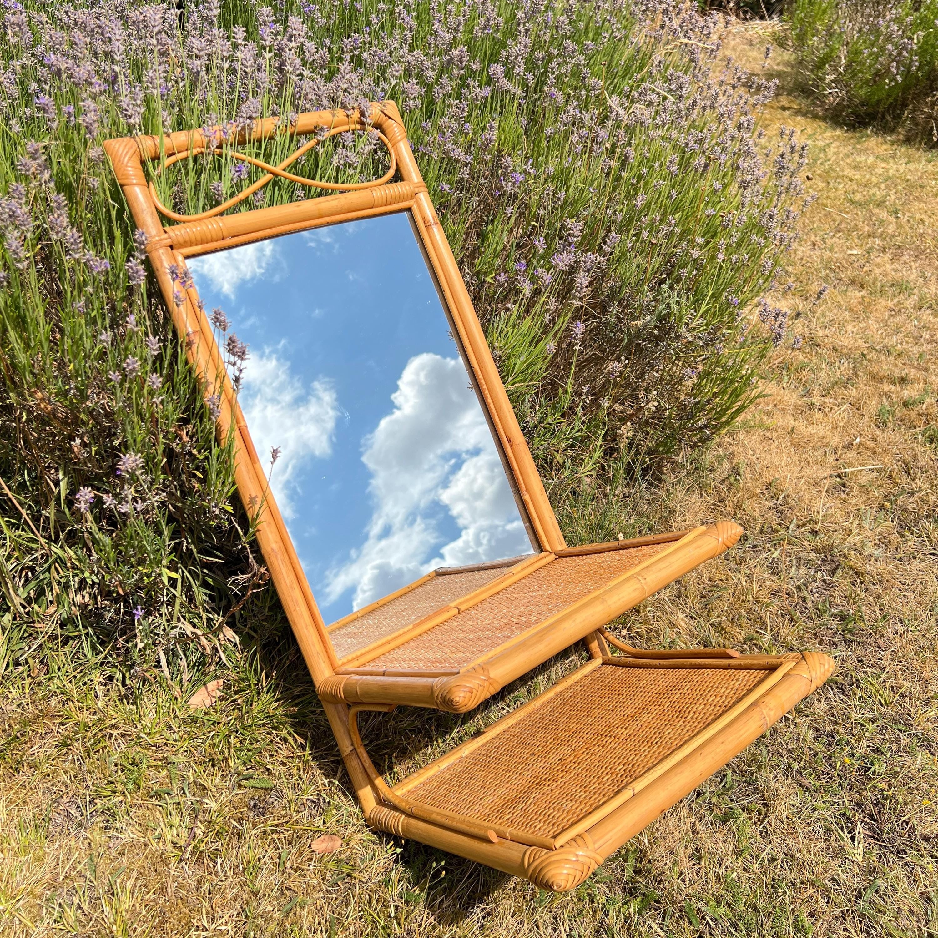Mid Century Boho Bamboo Cane Tall Mirror with Shelf  74 cm