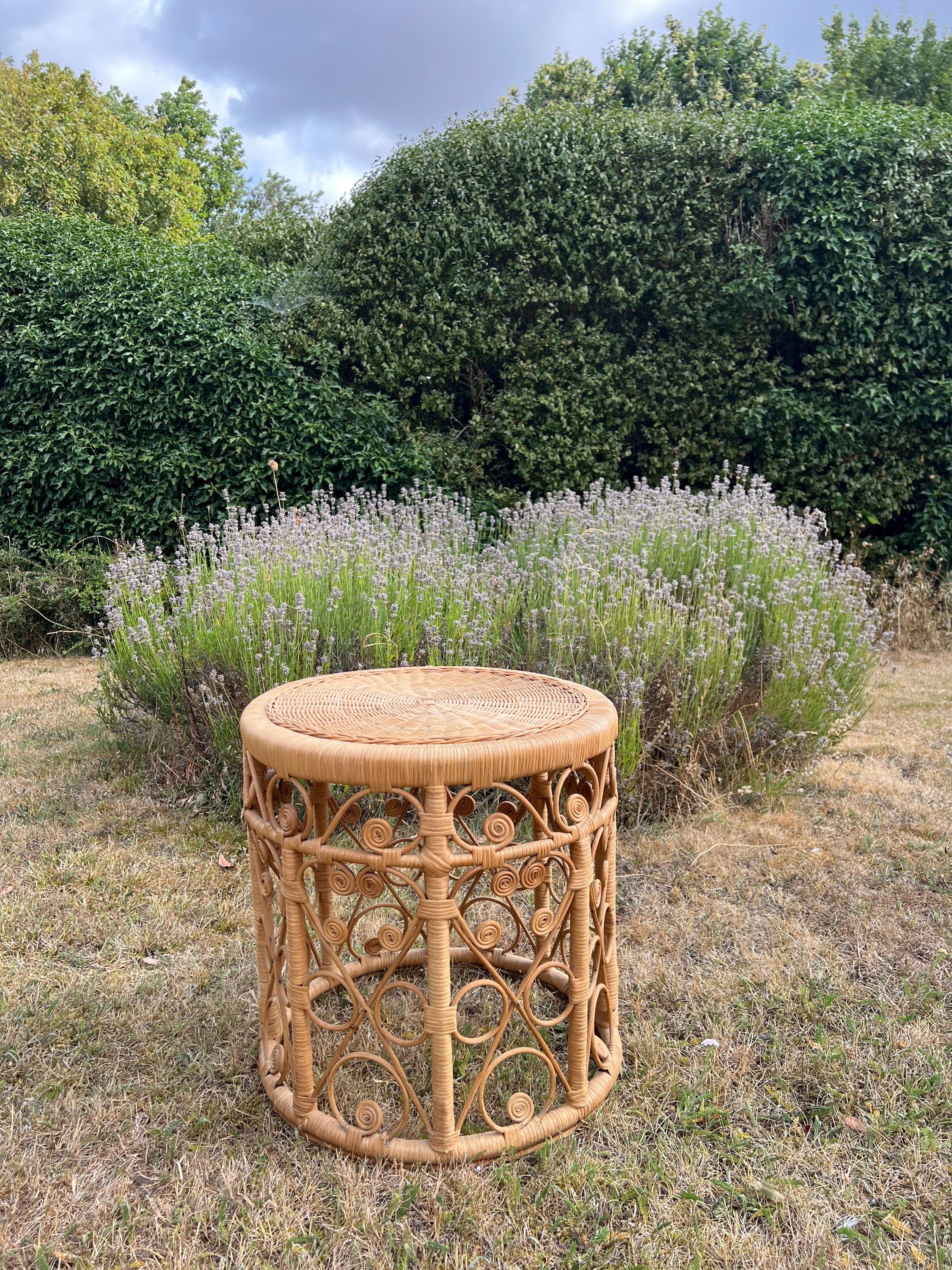 Vintage Tiki Boho Bamboo Foot Stool, Side table, Cane Plant Stand Peacock Style