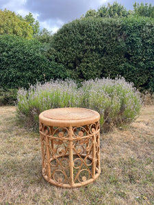 Vintage Tiki Boho Bamboo Foot Stool, Side table, Cane Plant Stand Peacock Style