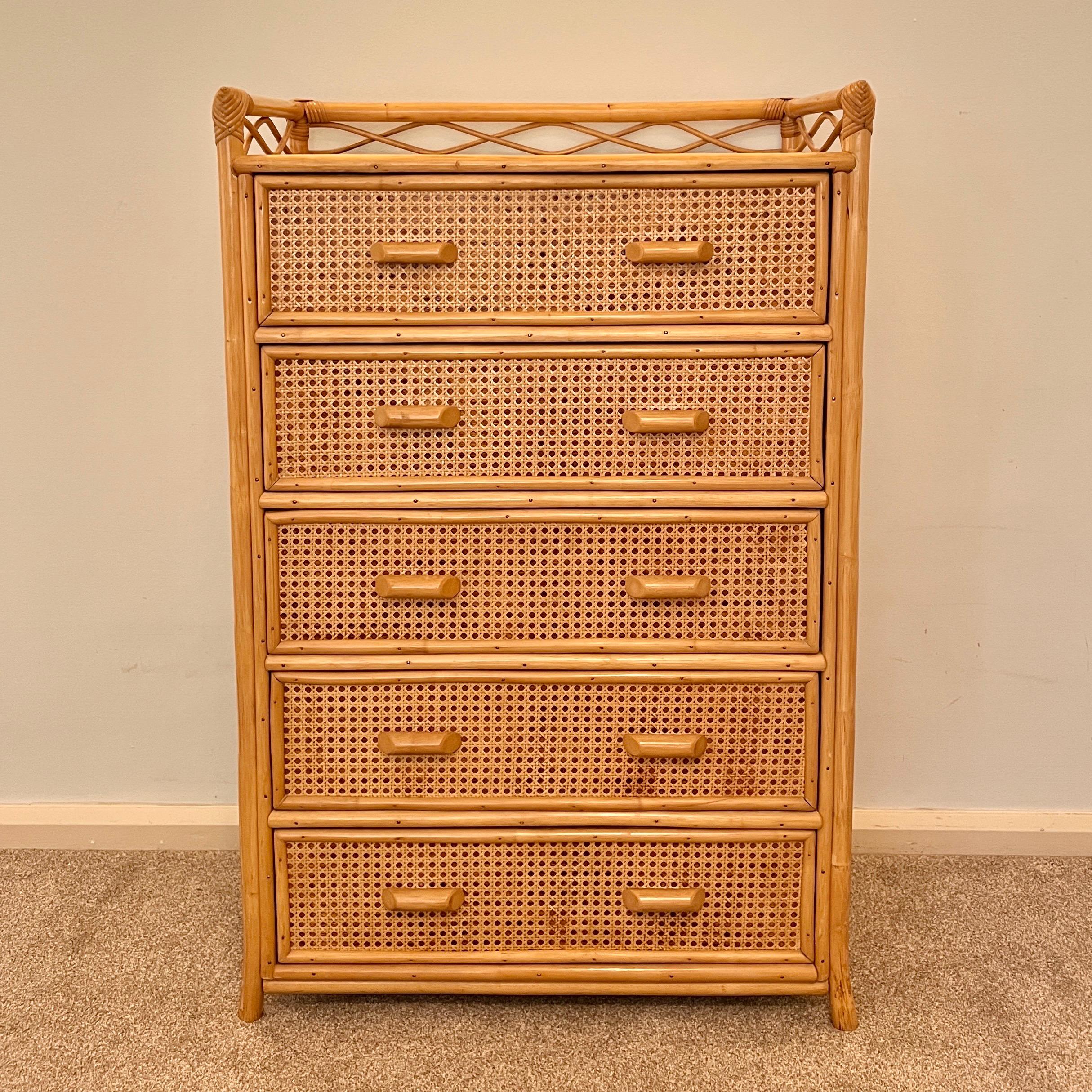 Vintage Boho Bamboo Rattan Chest of 5 Drawers