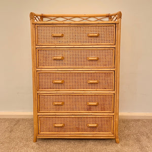 Vintage Boho Bamboo Rattan Chest of 5 Drawers