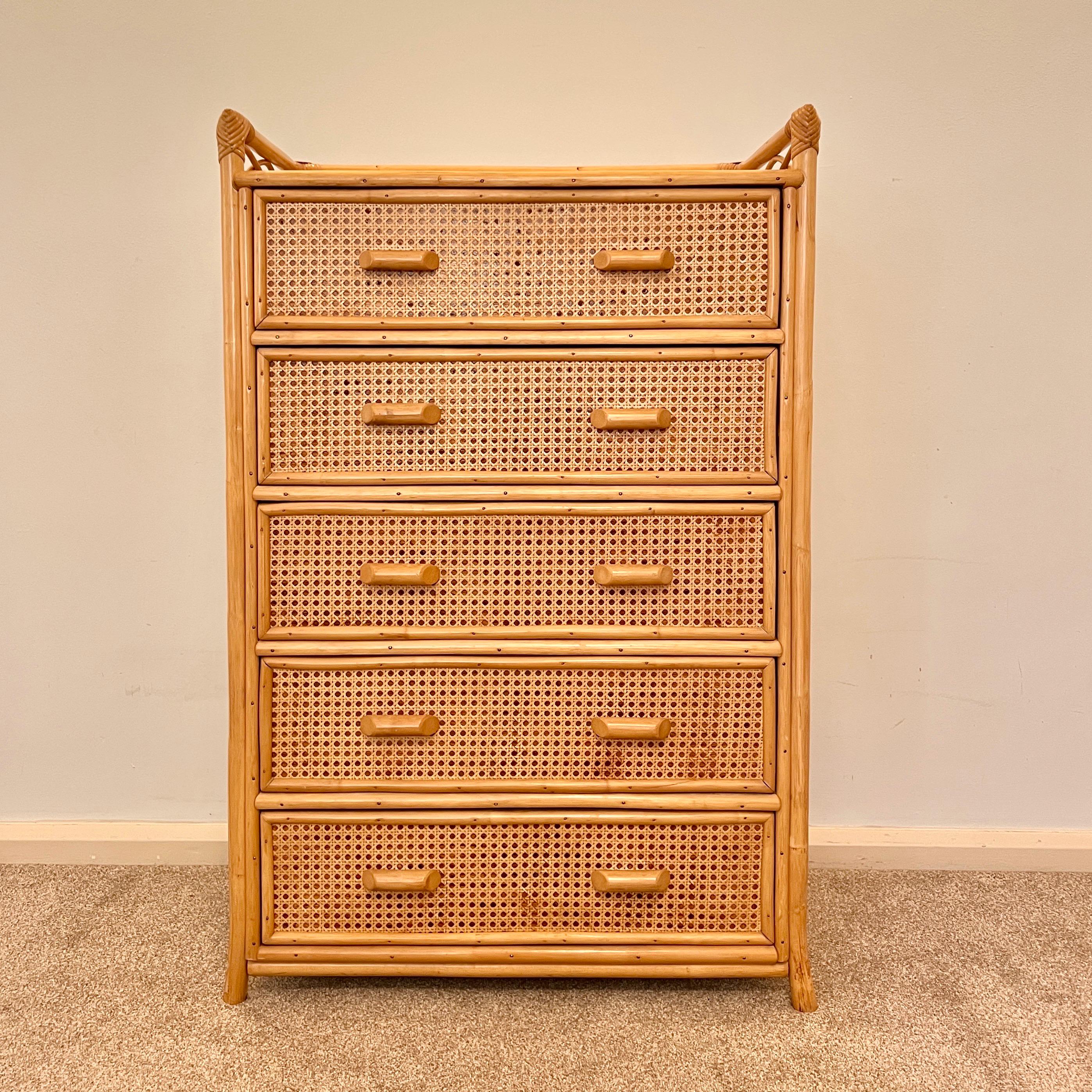 Vintage Boho Bamboo Rattan Chest of 5 Drawers