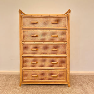 Vintage Boho Bamboo Rattan Chest of 5 Drawers
