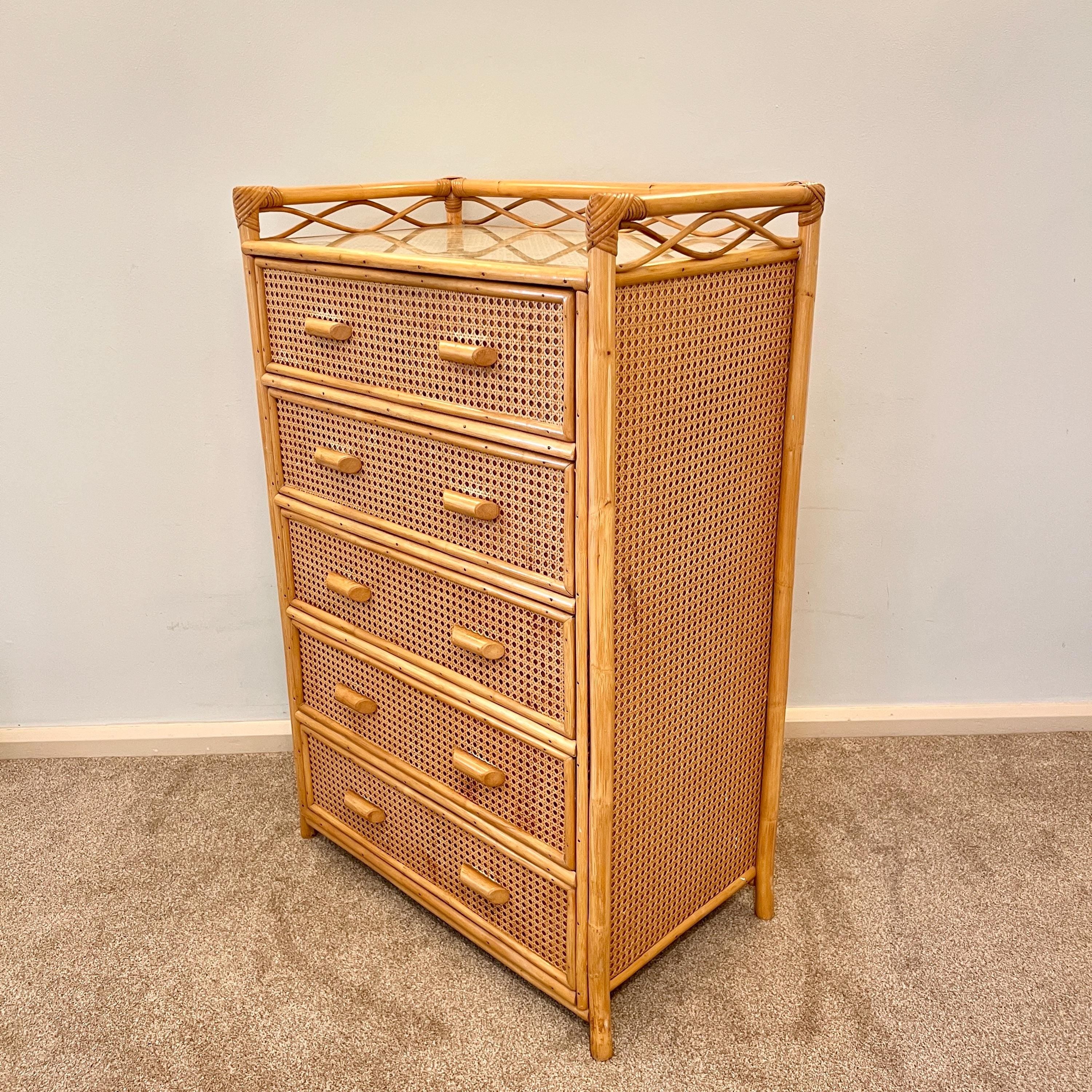 Vintage Boho Bamboo Rattan Chest of 5 Drawers