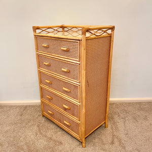 Vintage Boho Bamboo Rattan Chest of 5 Drawers