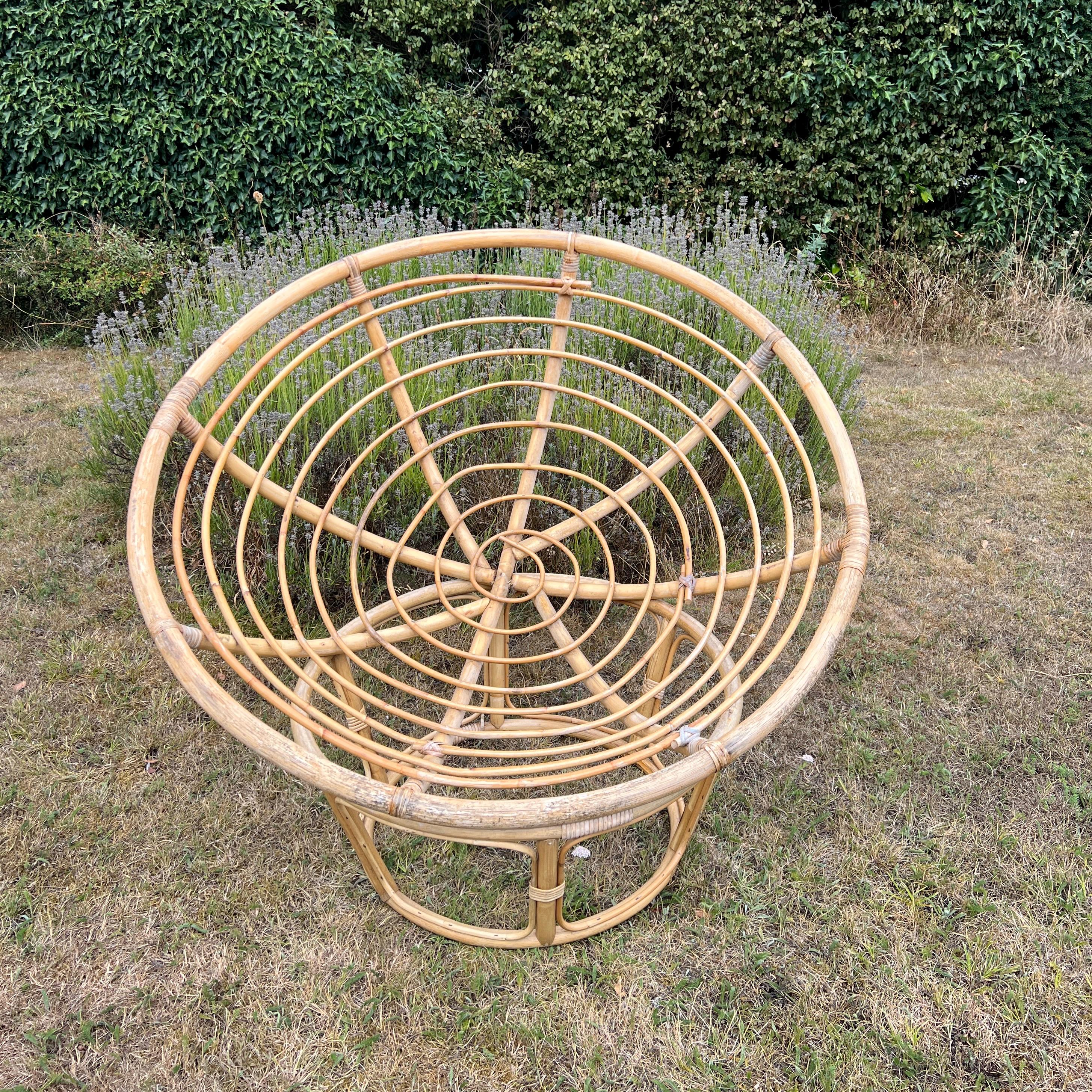 Vintage Bamboo Papasan Chair, Mid Century Cane Moon Lounge Easy Chair, Boho Tiki Retro
