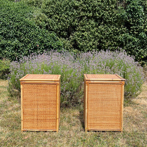 A Pair of Rattan Bamboo Cane Bedside Tables , Boho Tiki Side Table