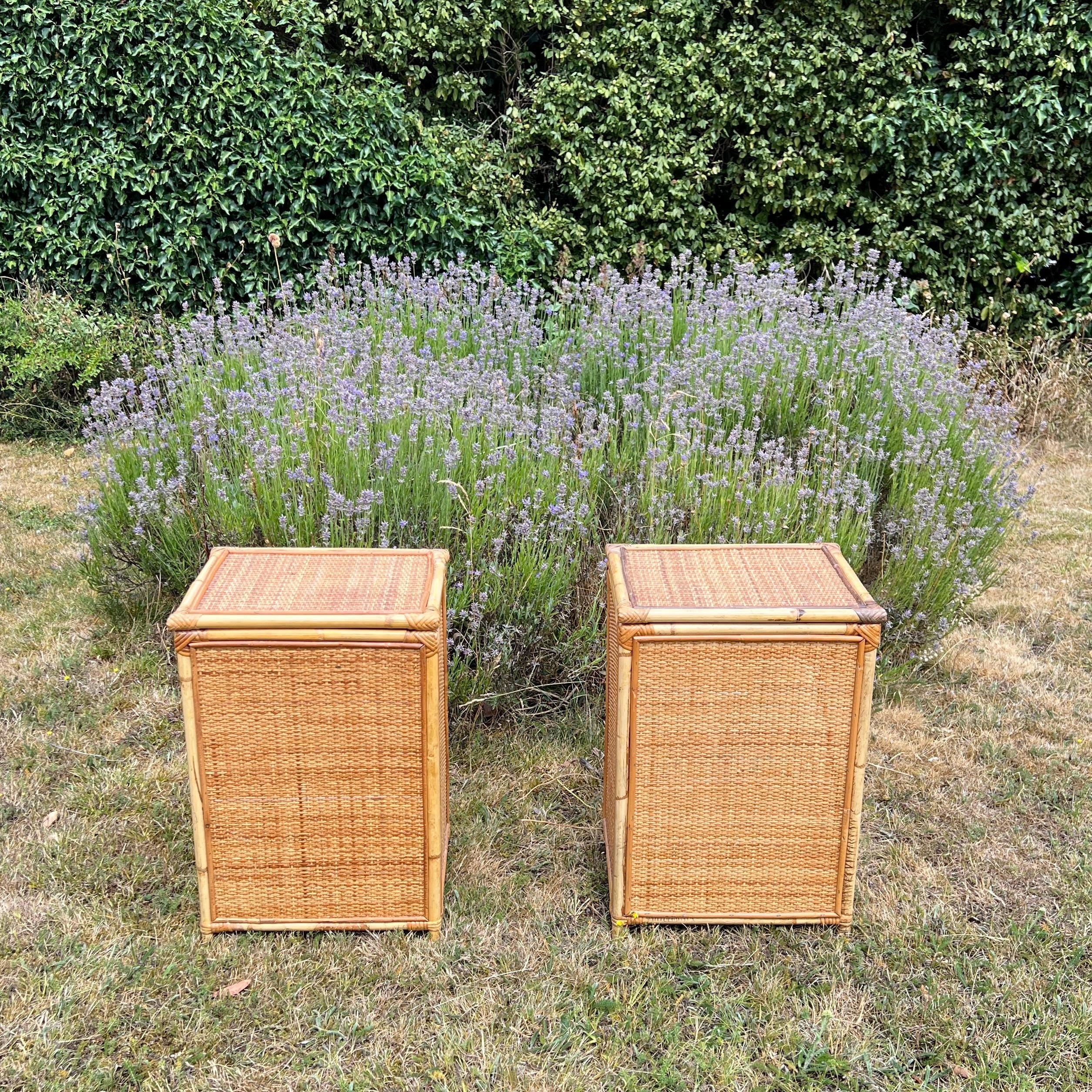 A Pair of Rattan Bamboo Cane Bedside Tables , Boho Tiki Side Table