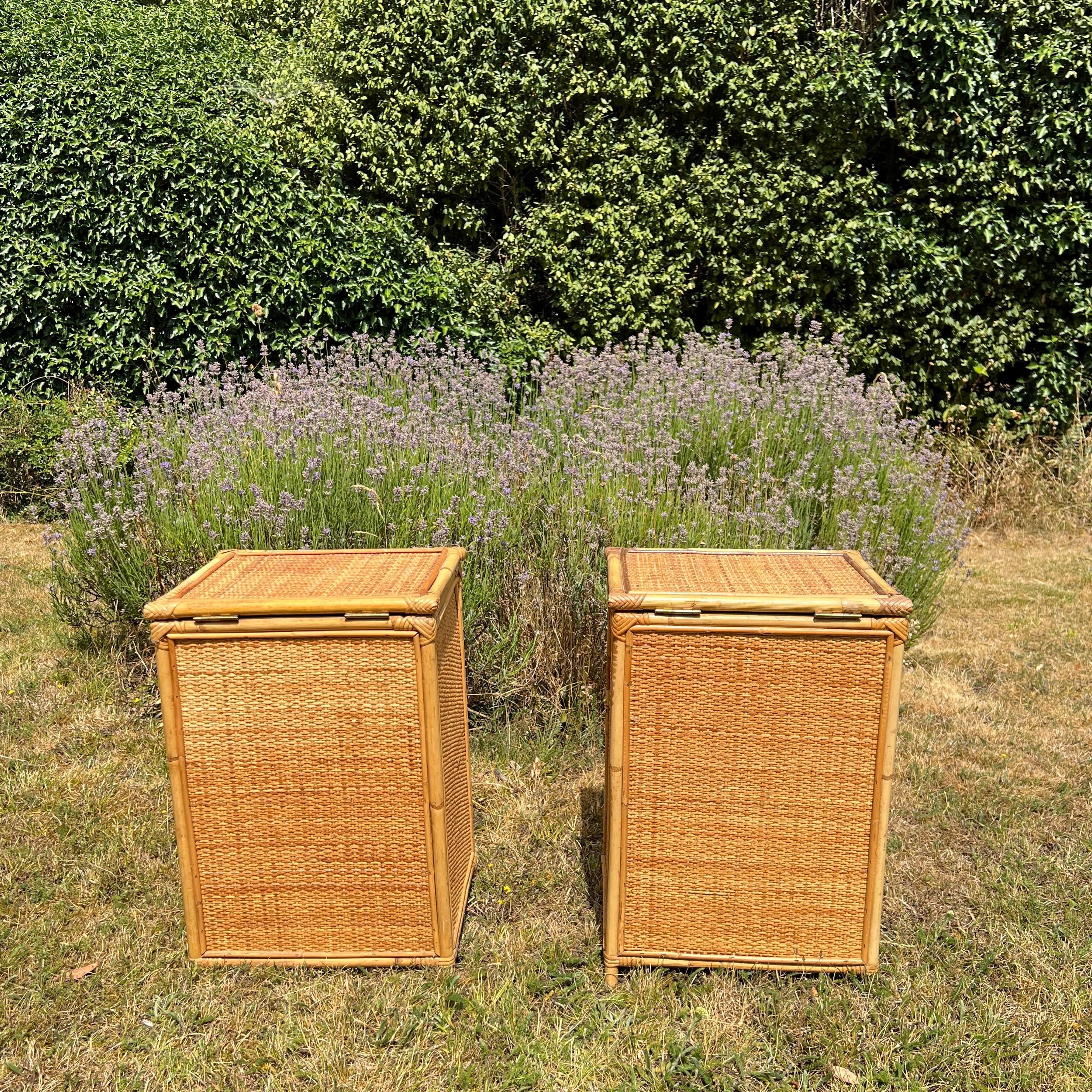 A Pair of Rattan Bamboo Cane Bedside Tables , Boho Tiki Side Table