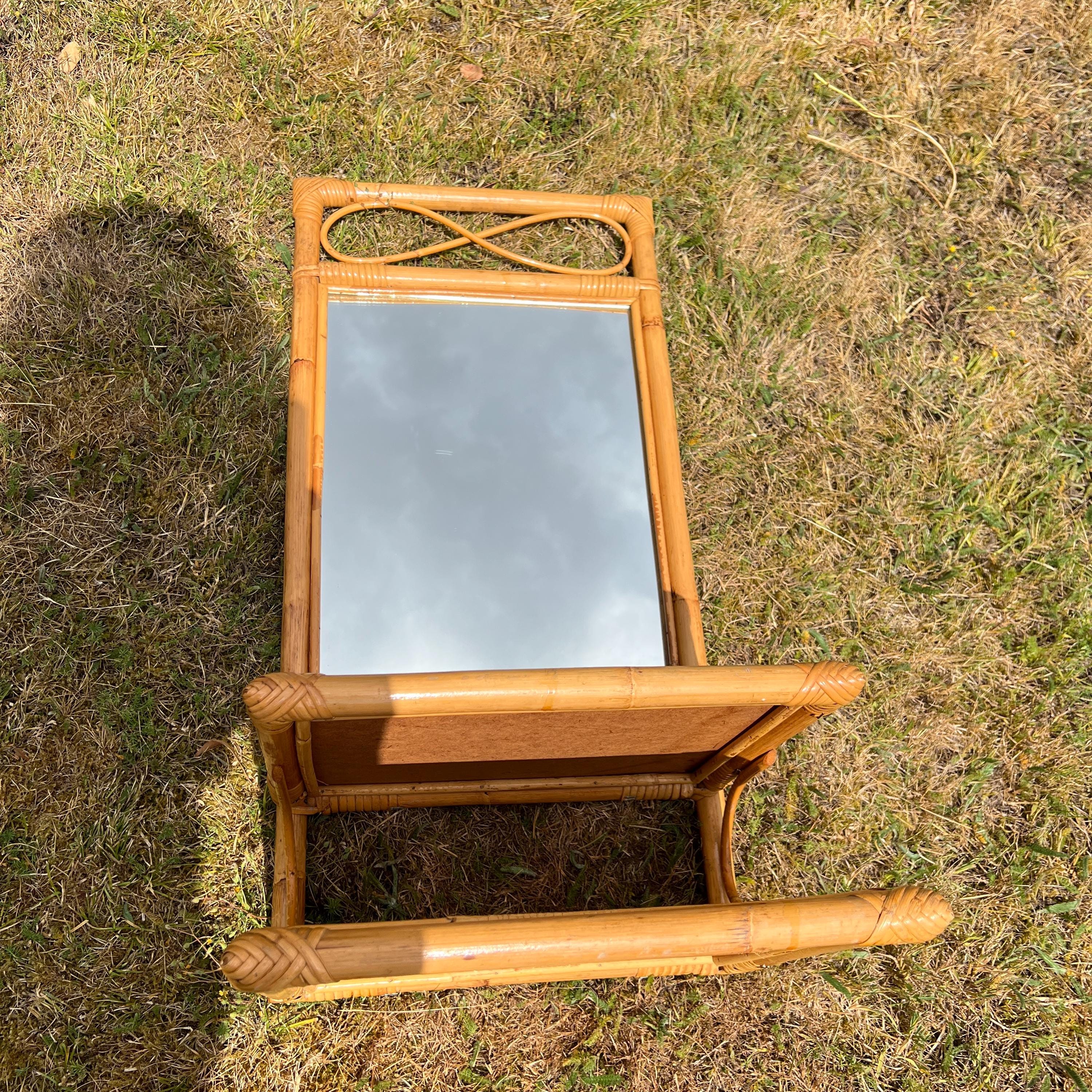 Mid Century Boho Bamboo Cane Tall Mirror with Shelf  74 cm
