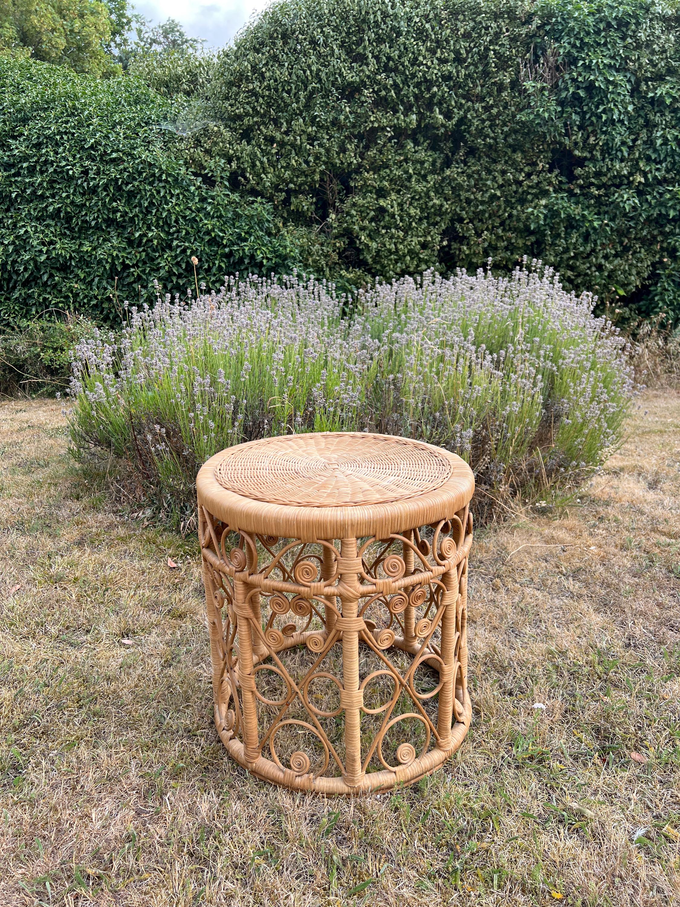 Vintage Tiki Boho Bamboo Foot Stool, Side table, Cane Plant Stand Peacock Style