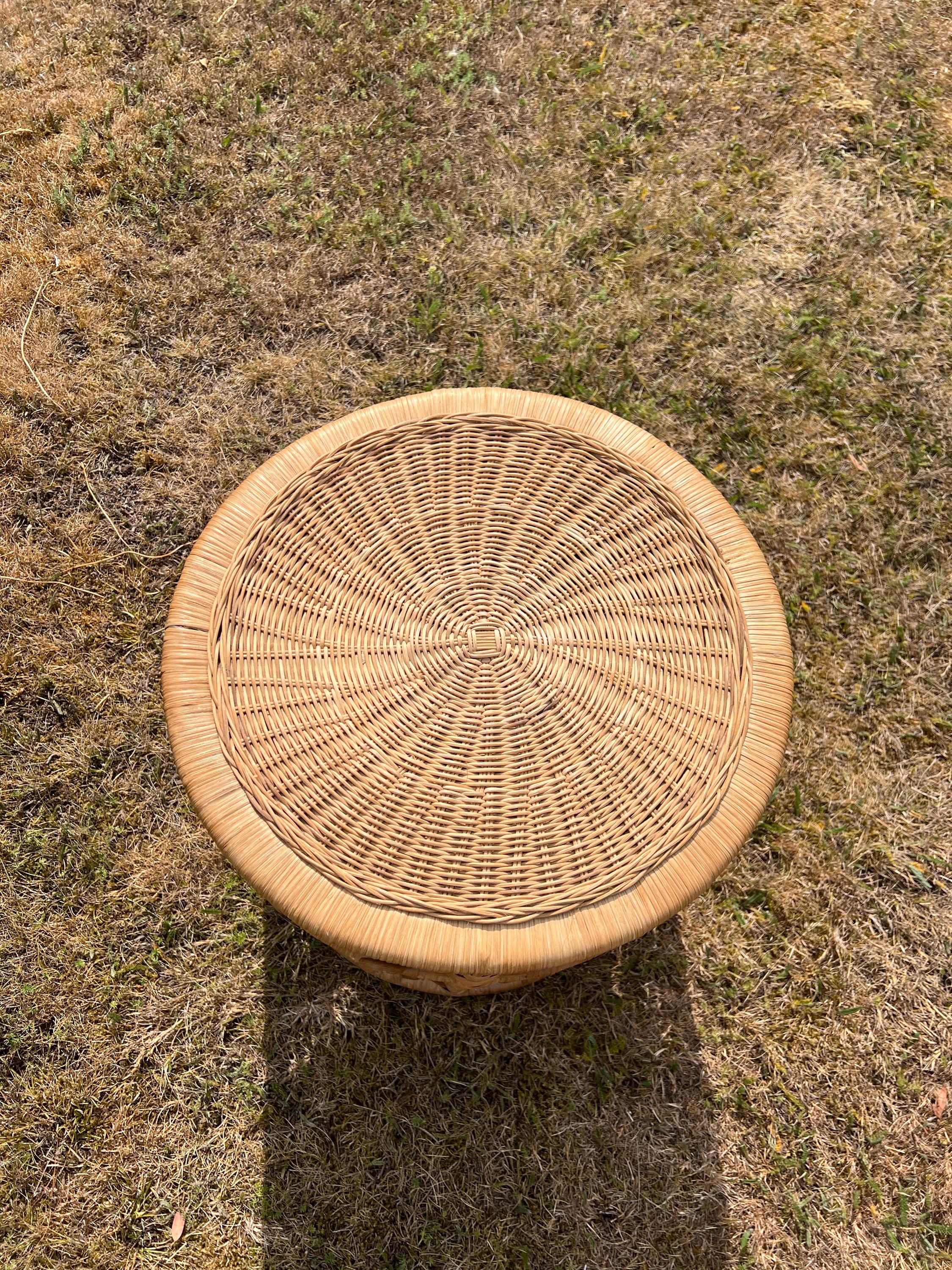 Vintage Tiki Boho Bamboo Foot Stool, Side table, Cane Plant Stand Peacock Style