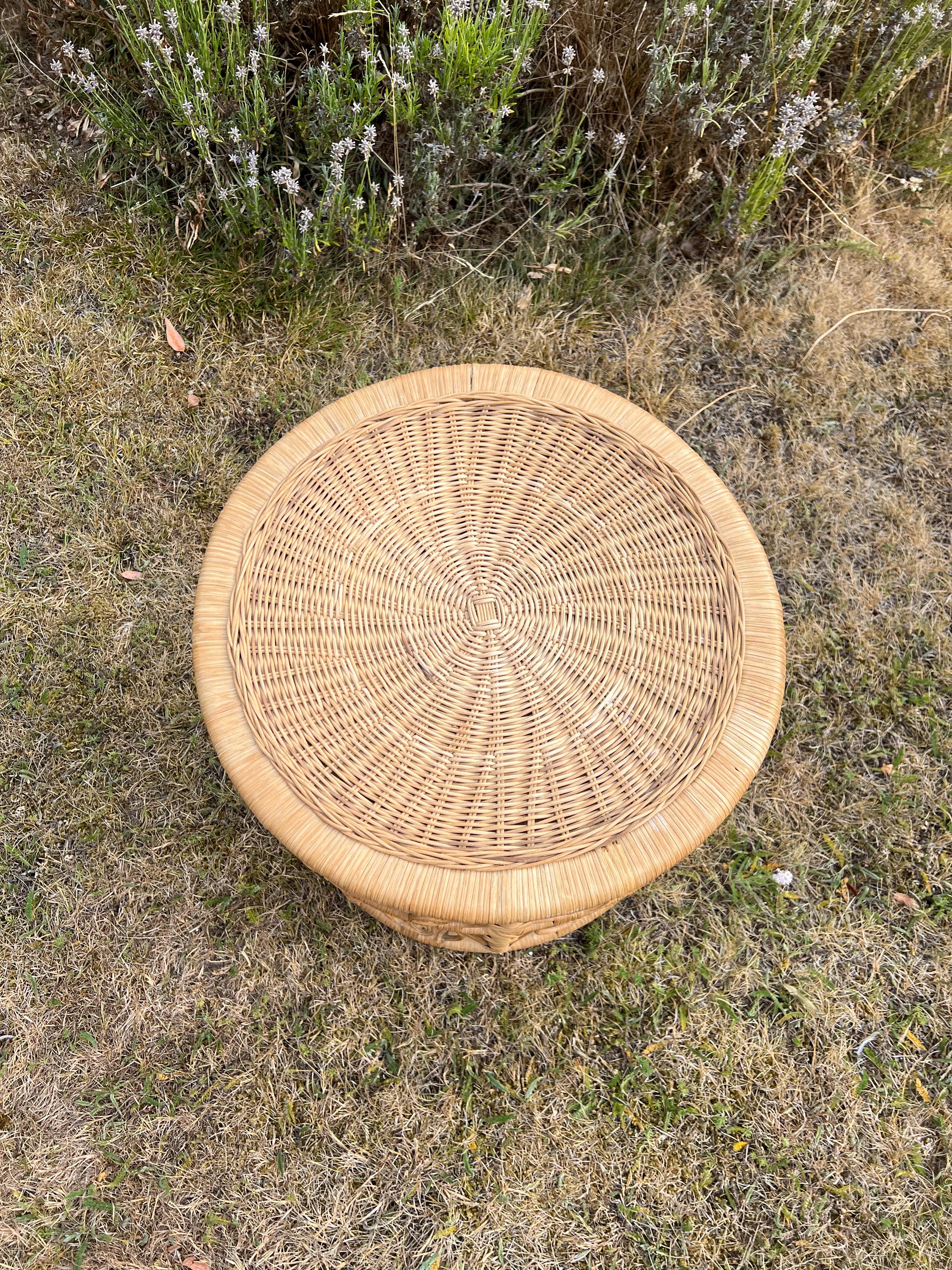Vintage Tiki Boho Bamboo Foot Stool, Side table, Cane Plant Stand Peacock Style