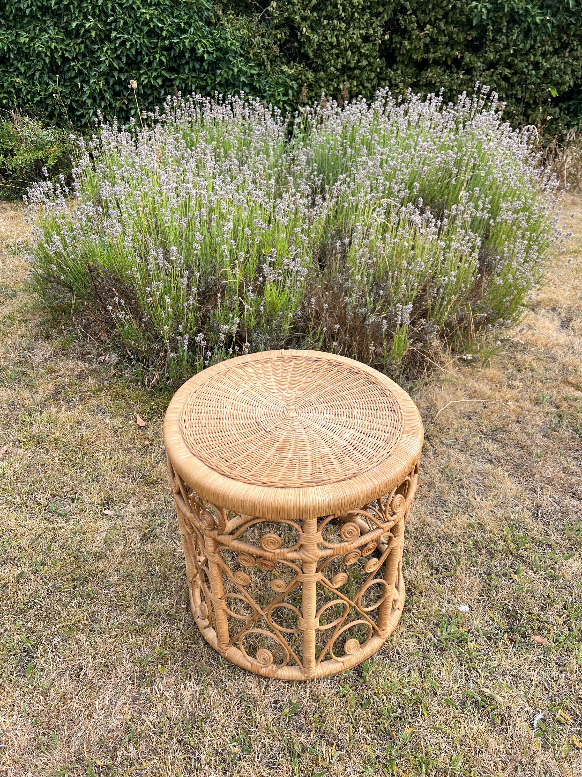 Vintage Tiki Boho Bamboo Foot Stool, Side table, Cane Plant Stand Peacock Style