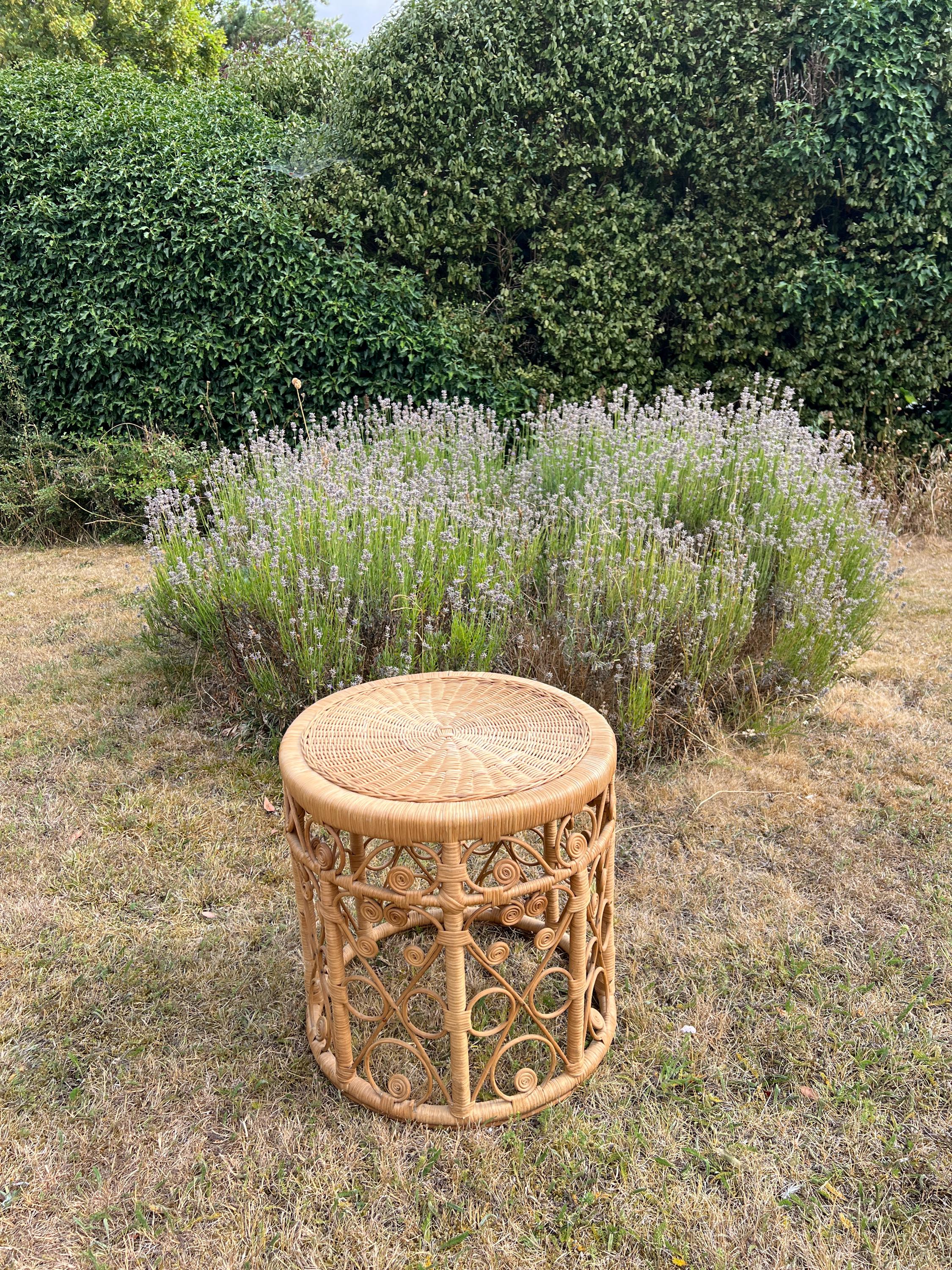 Vintage Tiki Boho Bamboo Foot Stool, Side table, Cane Plant Stand Peacock Style