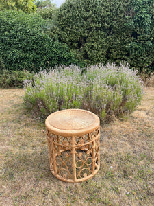 Vintage Tiki Boho Bamboo Foot Stool, Side table, Cane Plant Stand Peacock Style