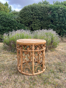 Vintage Tiki Boho Bamboo Foot Stool, Side table, Cane Plant Stand Peacock Style