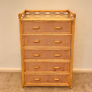 Vintage Boho Bamboo Rattan Chest of 5 Drawers