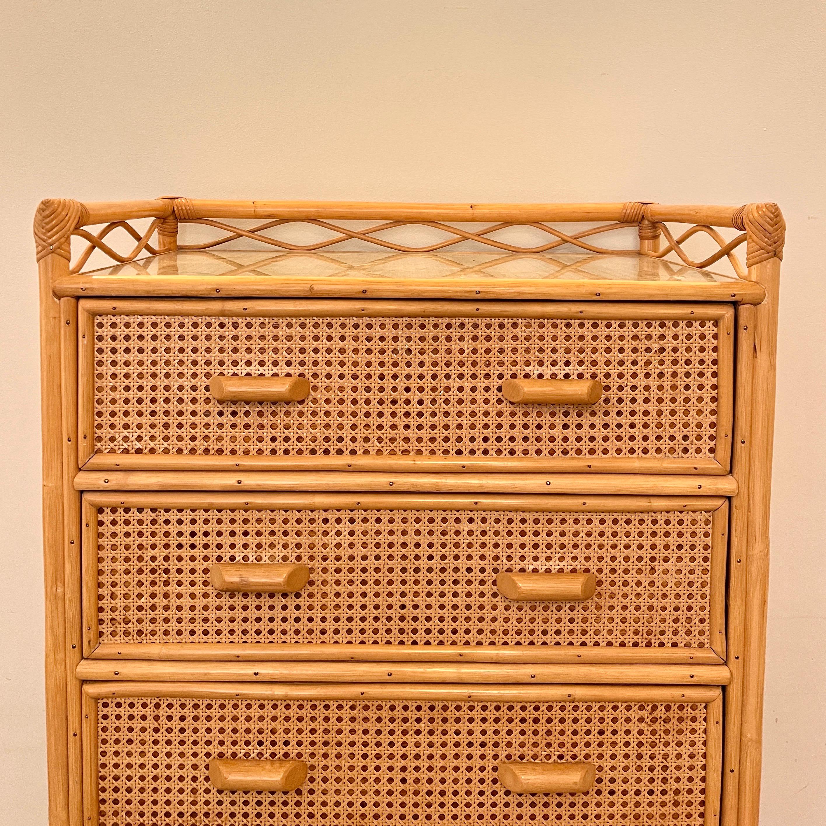 Vintage Boho Bamboo Rattan Chest of 5 Drawers
