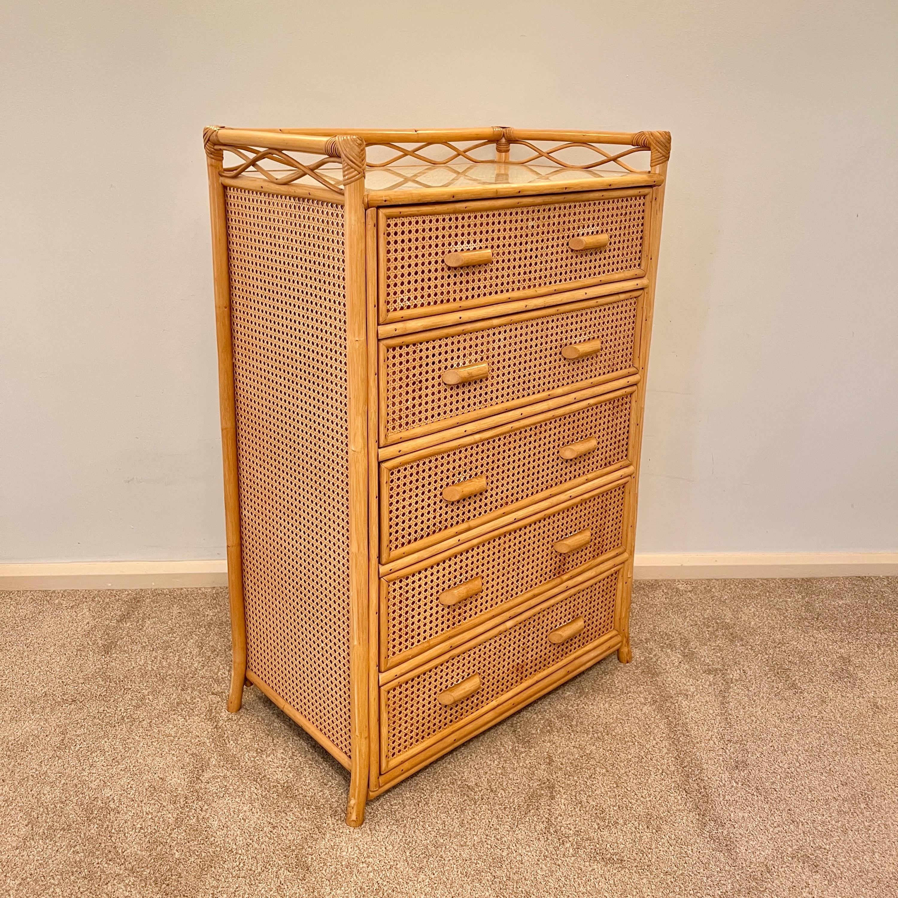 Vintage Boho Bamboo Rattan Chest of 5 Drawers
