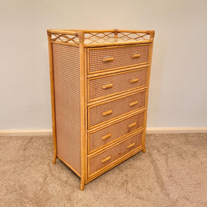 Vintage Boho Bamboo Rattan Chest of 5 Drawers