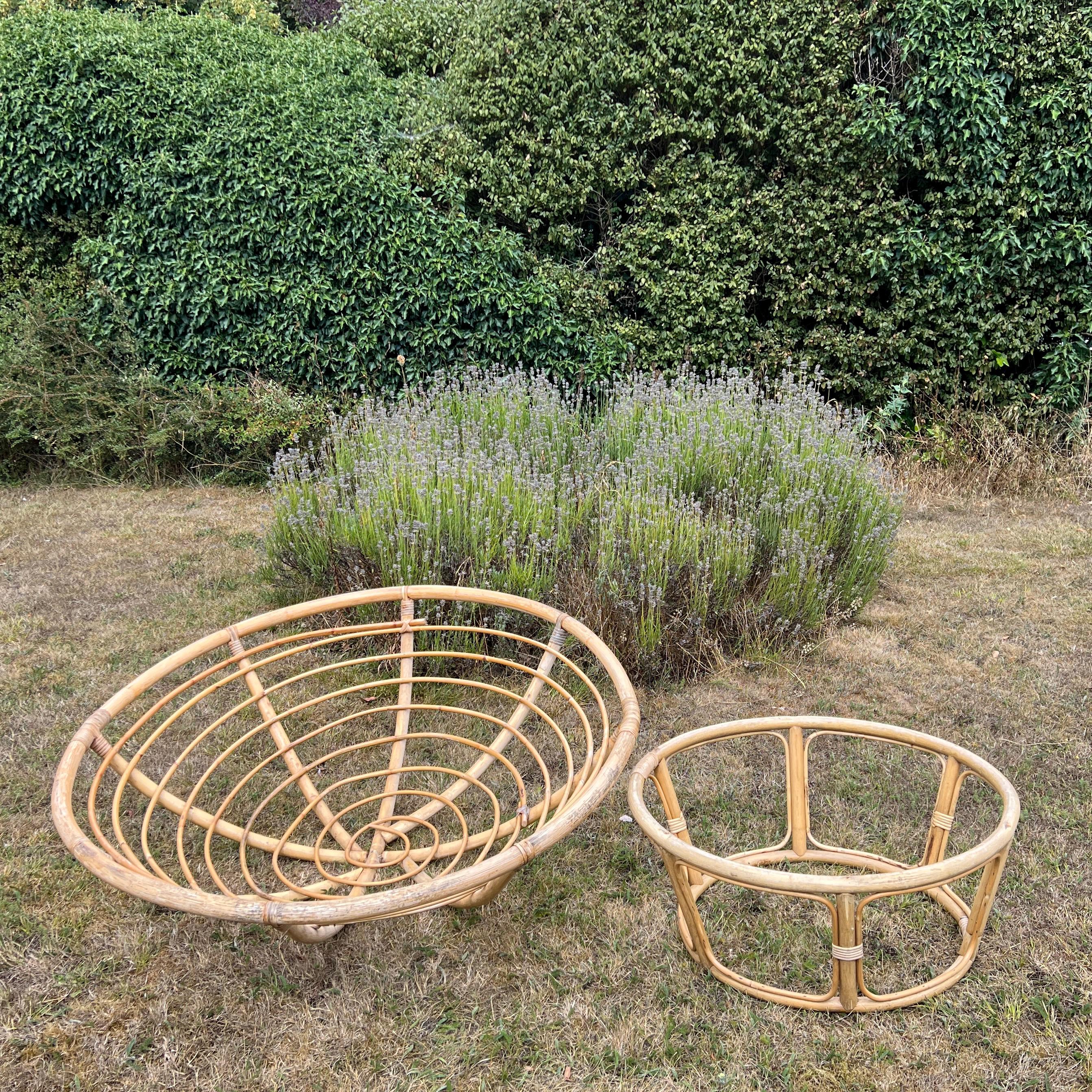 Vintage Bamboo Papasan Chair, Mid Century Cane Moon Lounge Easy Chair, Boho Tiki Retro
