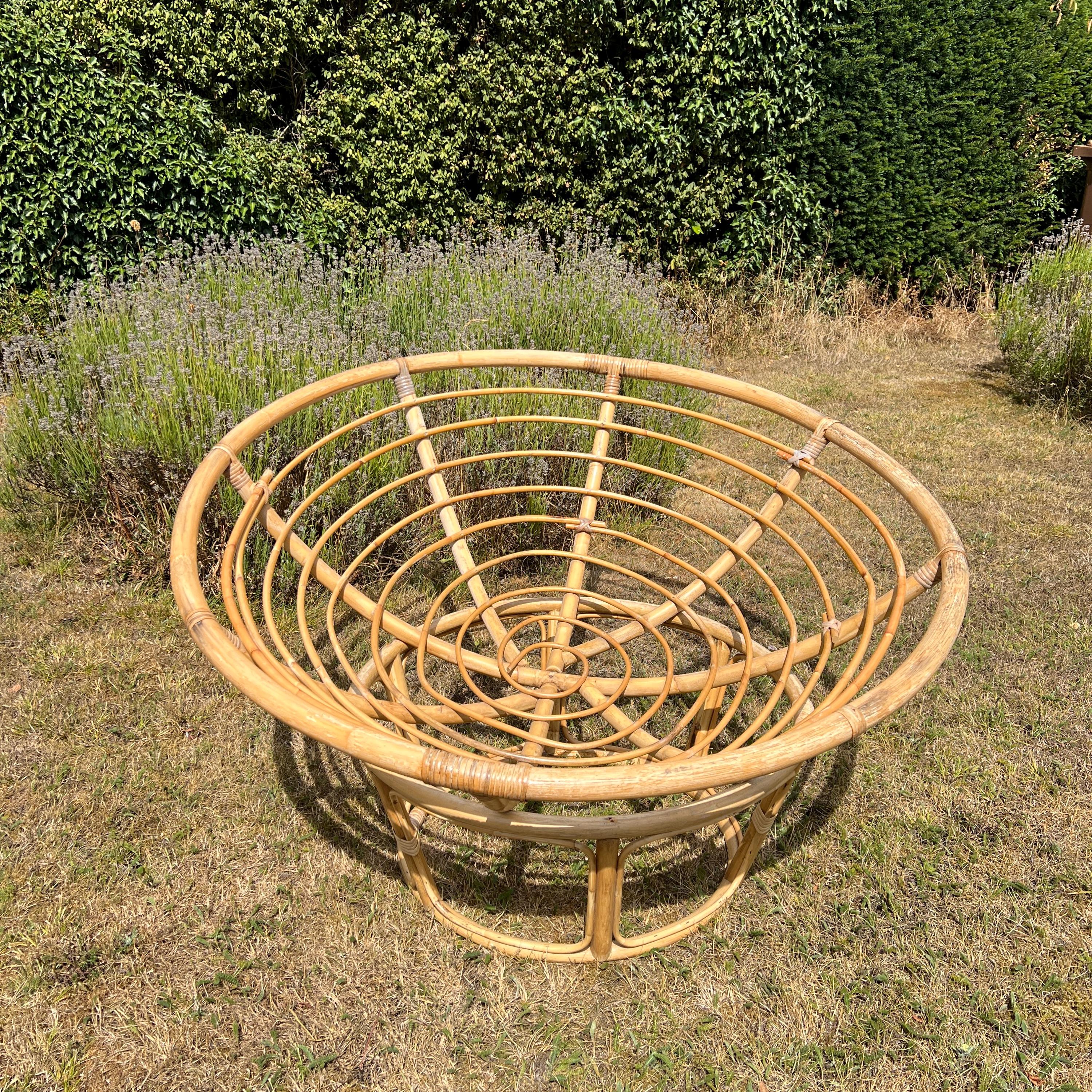 Vintage Bamboo Papasan Chair, Mid Century Cane Moon Lounge Easy Chair, Boho Tiki Retro