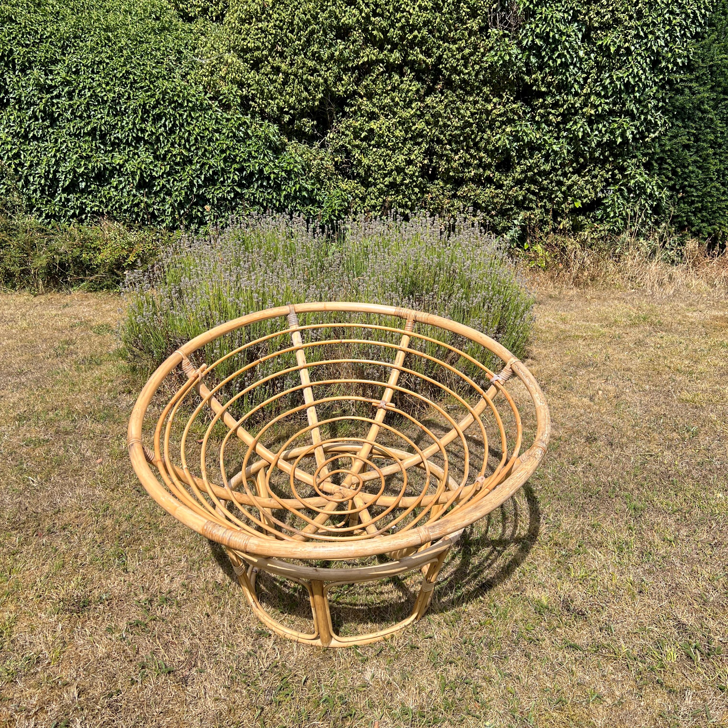 Vintage Bamboo Papasan Chair, Mid Century Cane Moon Lounge Easy Chair, Boho Tiki Retro