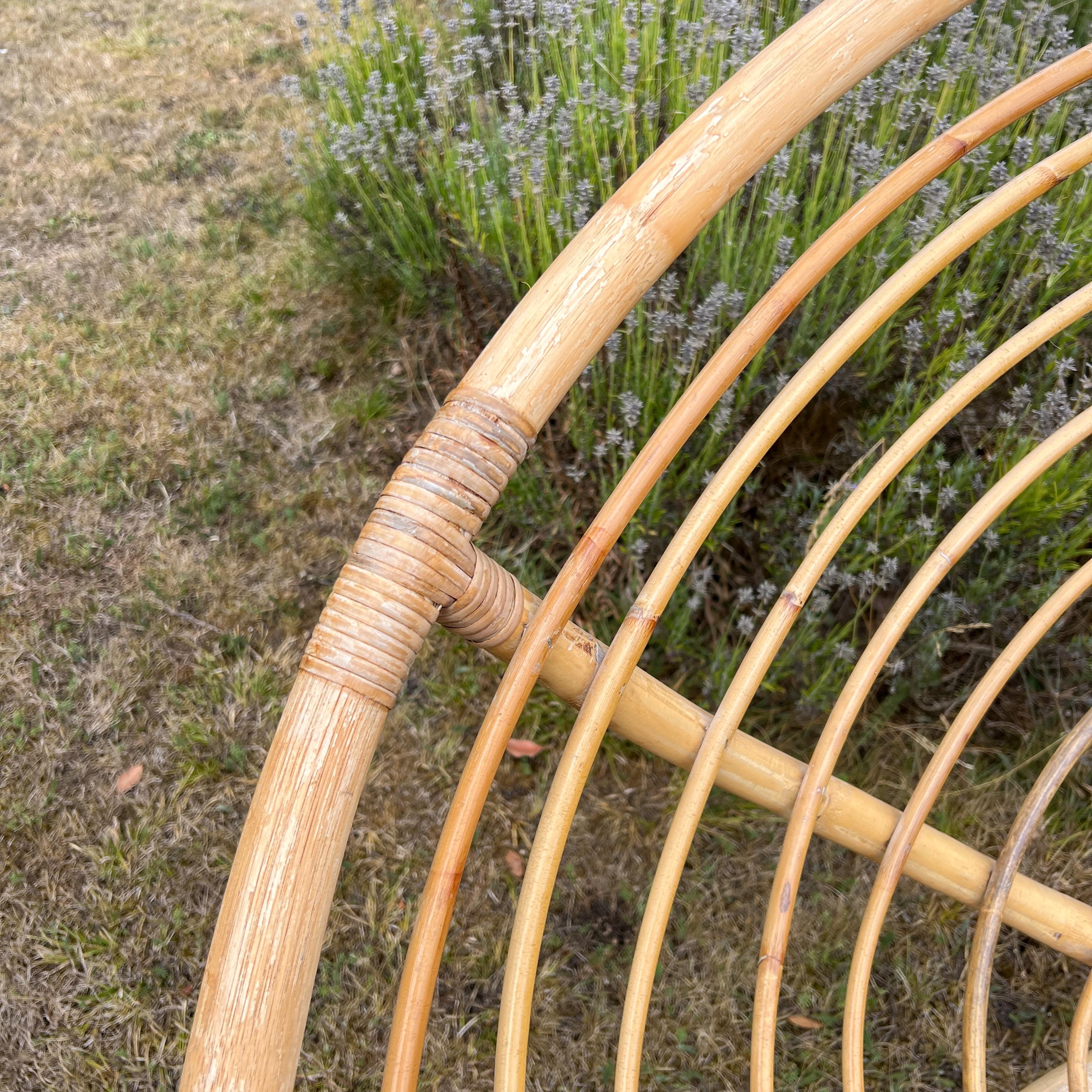 Vintage Bamboo Papasan Chair, Mid Century Cane Moon Lounge Easy Chair, Boho Tiki Retro