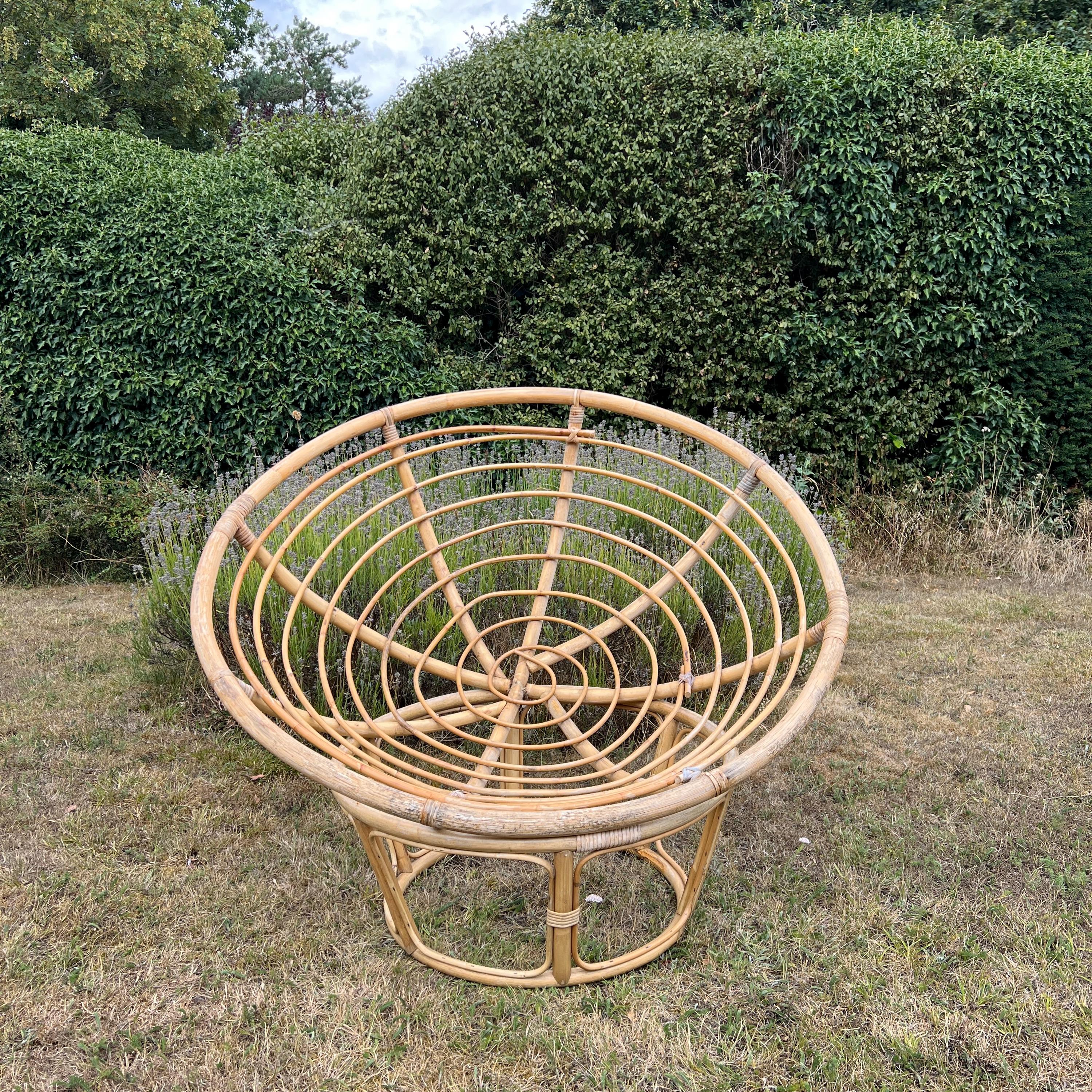Vintage Bamboo Papasan Chair, Mid Century Cane Moon Lounge Easy Chair, Boho Tiki Retro