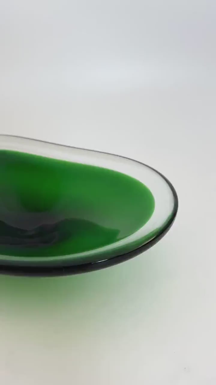 Vintage Oval Green Murano Style Glass Bowl - Mid Century Italian Glass Dish