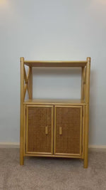 Load and play video in Gallery viewer, Angraves Bamboo Rattan Shelving Unit, Vintage Boho Bookshelf Cupboard
