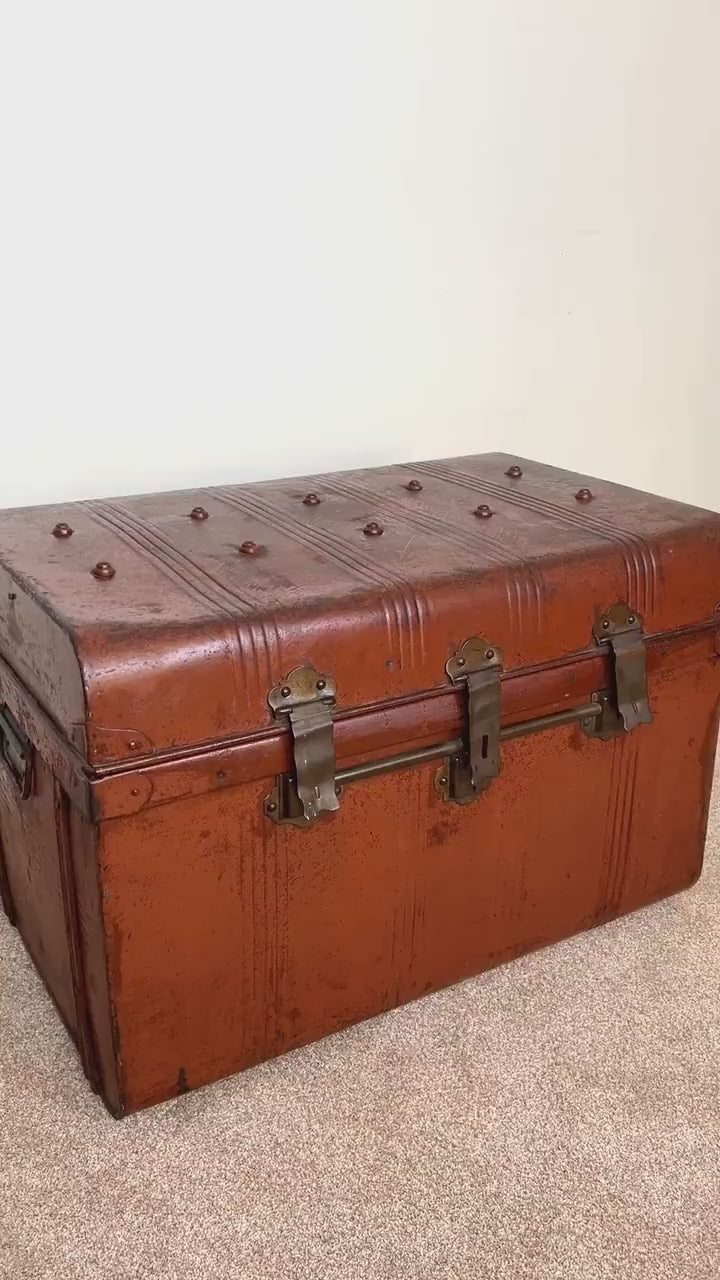 XL Vintage Metal Trunk Blanket Box, Industrial Tin Storage Chest