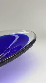 Load and play video in Gallery viewer, Vintage Oval Blue Murano Style Glass Bowl - Mid Century Italian Glass Dish
